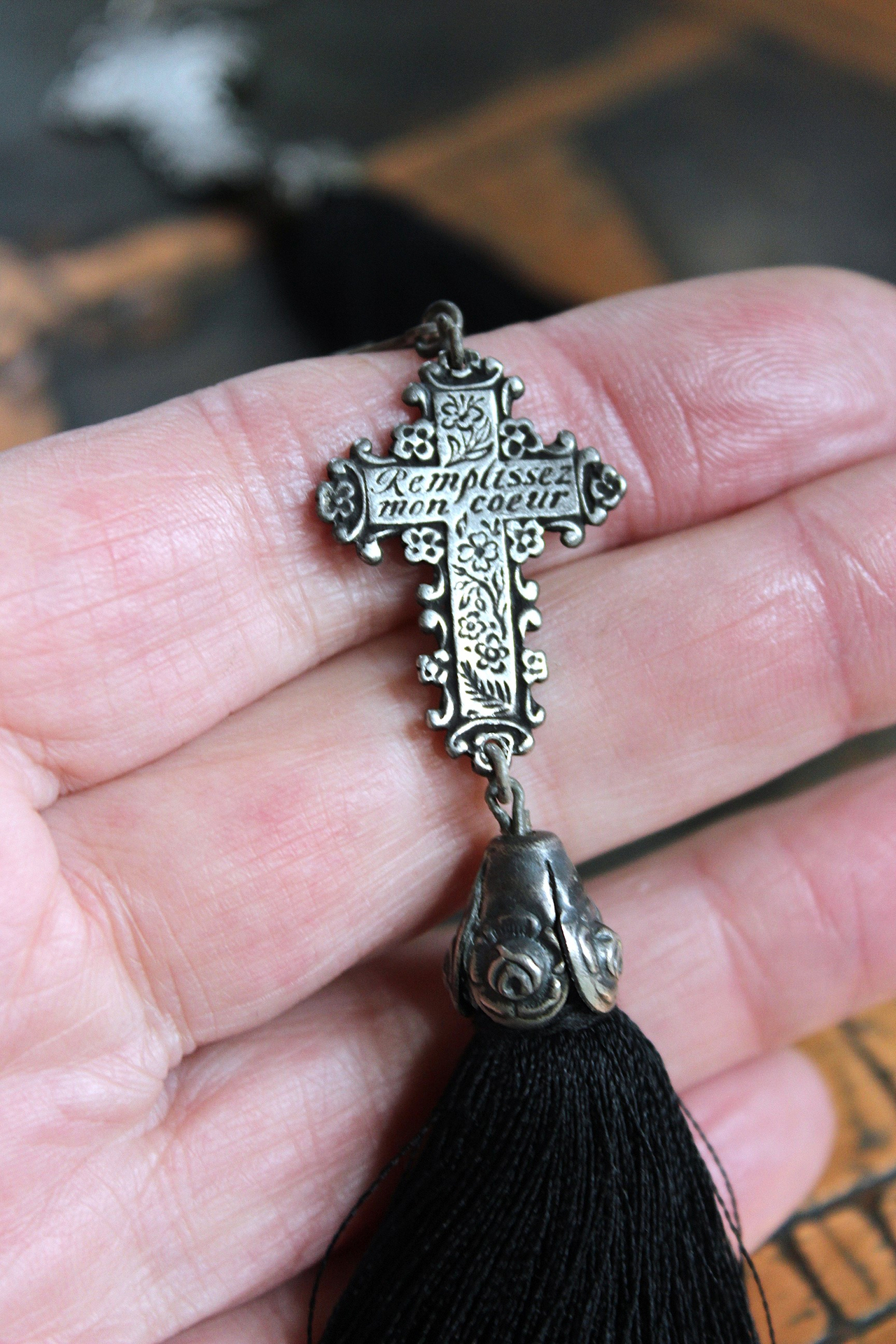 The Sorrow Necklace and Earring Set w/Antique Mourning Pendant,Antique French Engraved Crosses,Sterling Rose Capped Silk Tassels