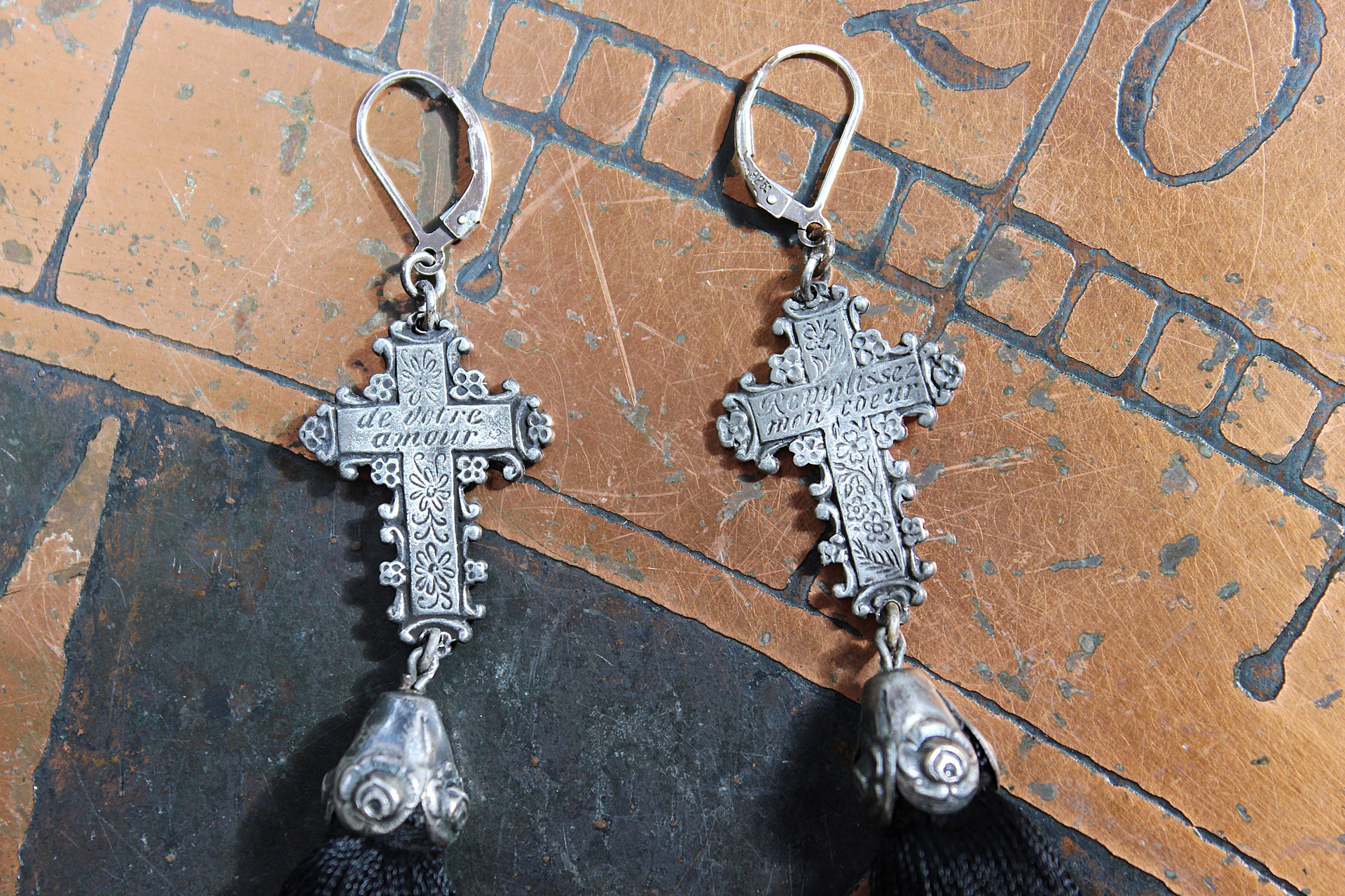 The Sorrow Necklace and Earring Set w/Antique Mourning Pendant,Antique French Engraved Crosses,Sterling Rose Capped Silk Tassels