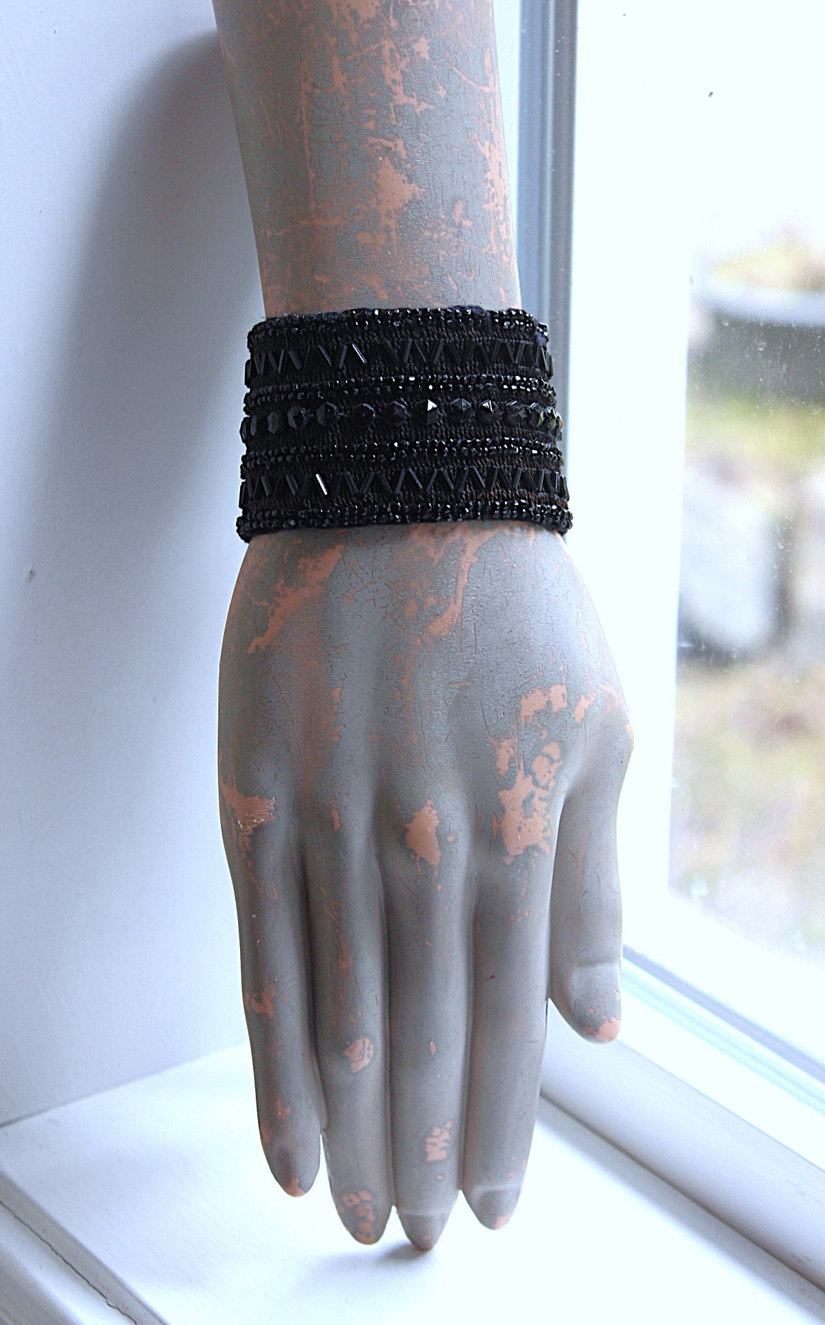 Antique European Jet Bead Trim Bracelet Cuff with Antique Jet Bead Tassel & Snaps