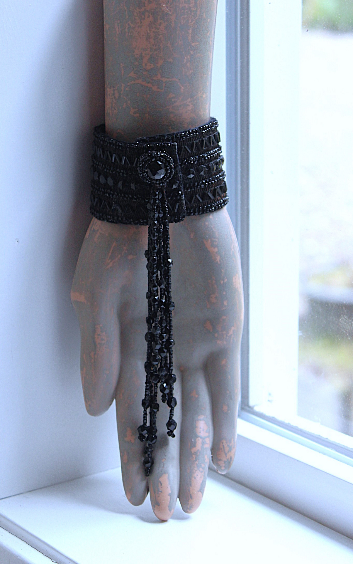 Antique European Jet Bead Trim Bracelet Cuff with Antique Jet Bead Tassel & Snaps