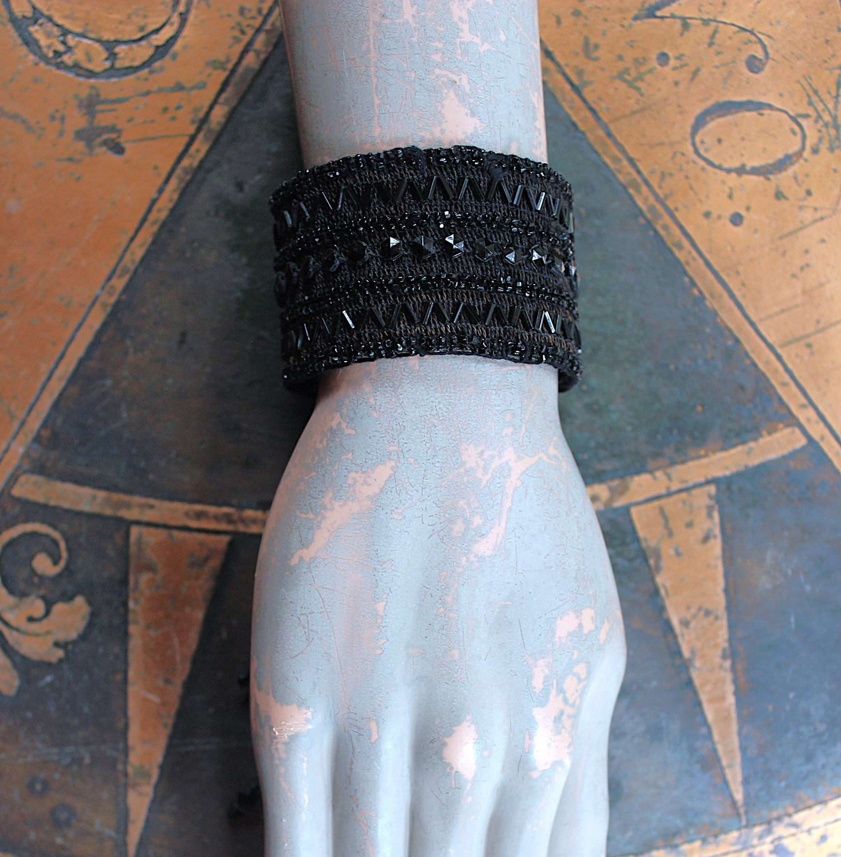 Antique European Jet Bead Trim Bracelet Cuff with Antique Jet Bead Tassel & Snaps