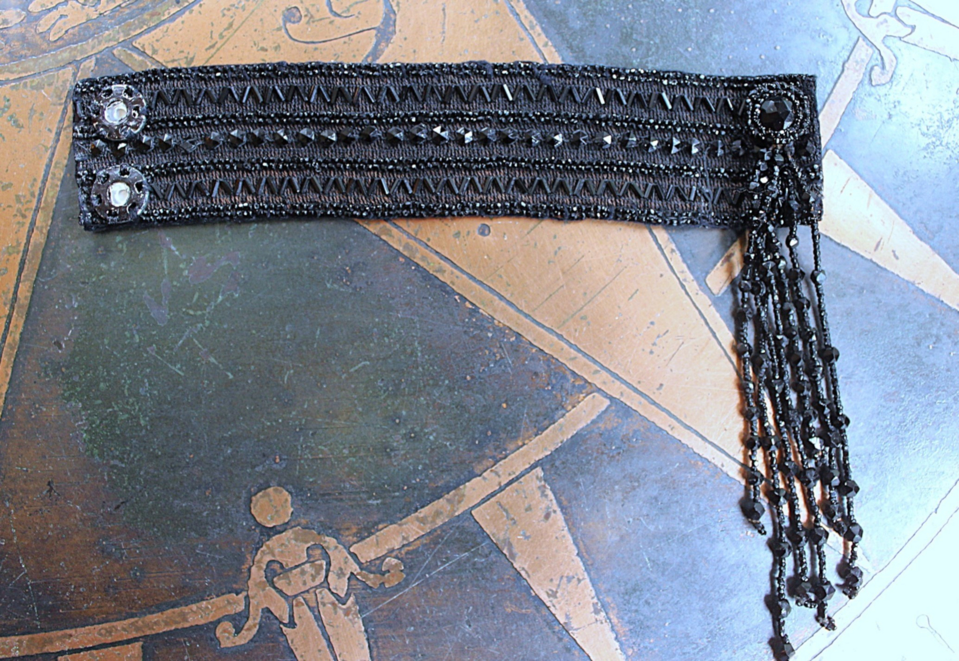 Antique European Jet Bead Trim Bracelet Cuff with Antique Jet Bead Tassel & Snaps