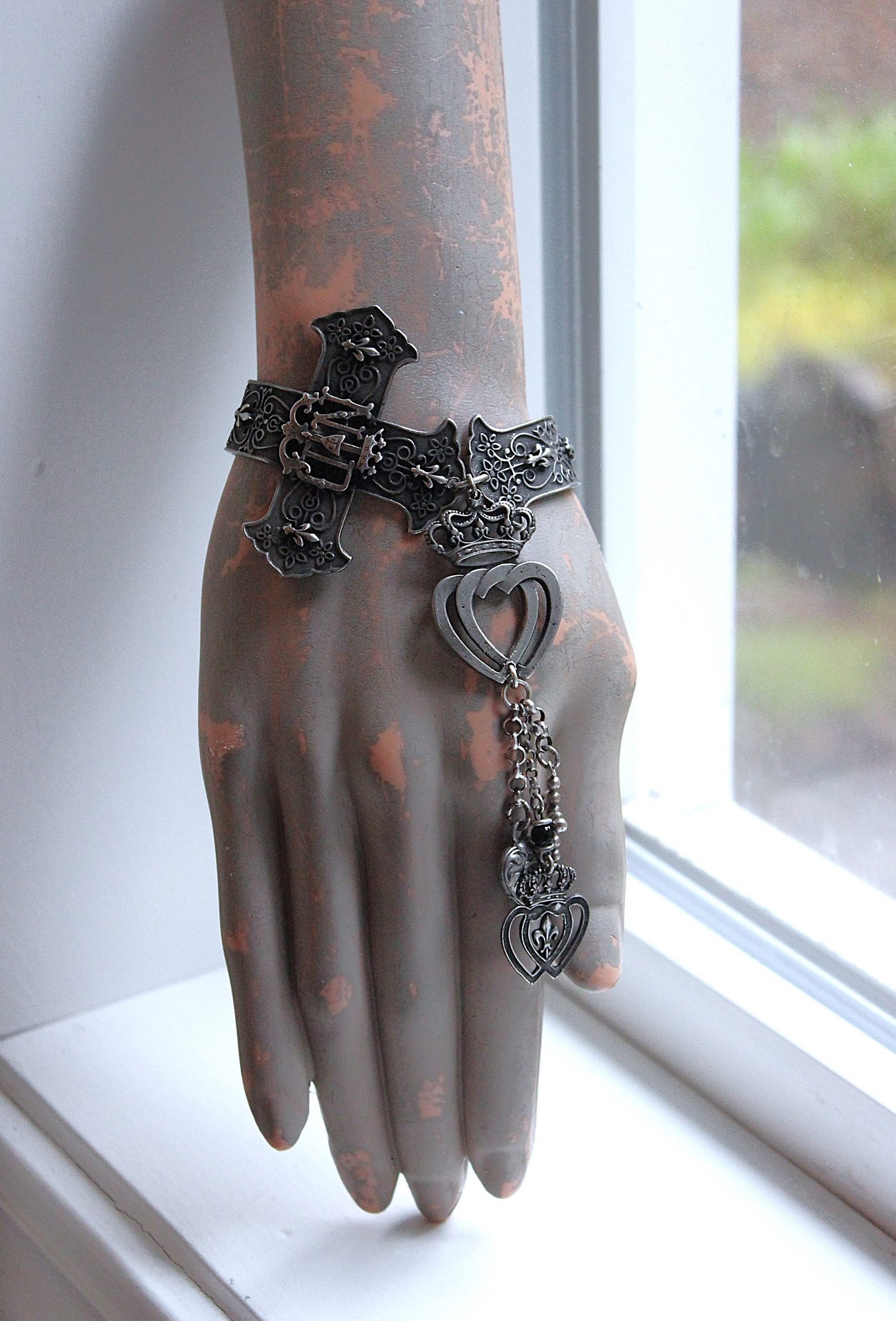 Intricately Detailed French Notre Dame Cross Bracelet with French Fleur de Lis Heart and Crown Medals, Antique Sterling Cross, Victorian Puffy Heart Drop