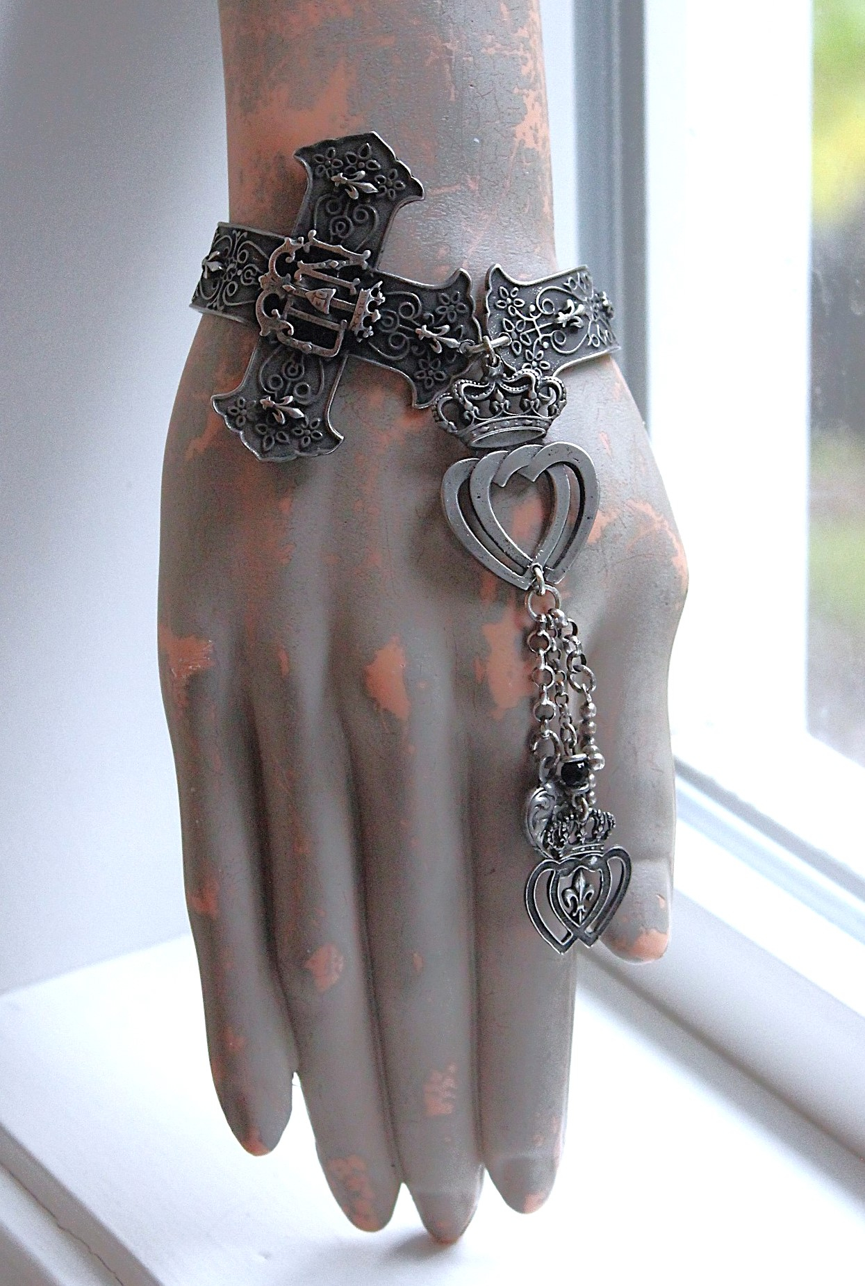 Intricately Detailed French Notre Dame Cross Bracelet with French Fleur de Lis Heart and Crown Medals, Antique Sterling Cross, Victorian Puffy Heart Drop
