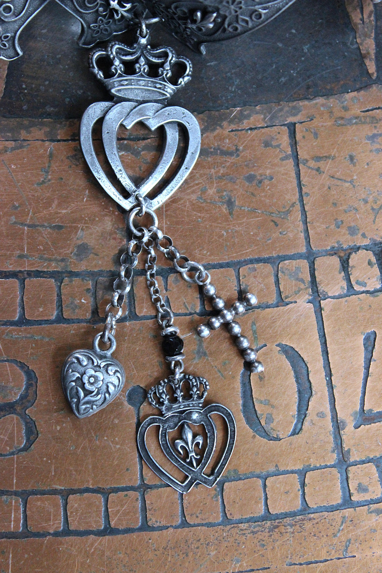 Intricately Detailed French Notre Dame Cross Bracelet with French Fleur de Lis Heart and Crown Medals, Antique Sterling Cross, Victorian Puffy Heart Drop