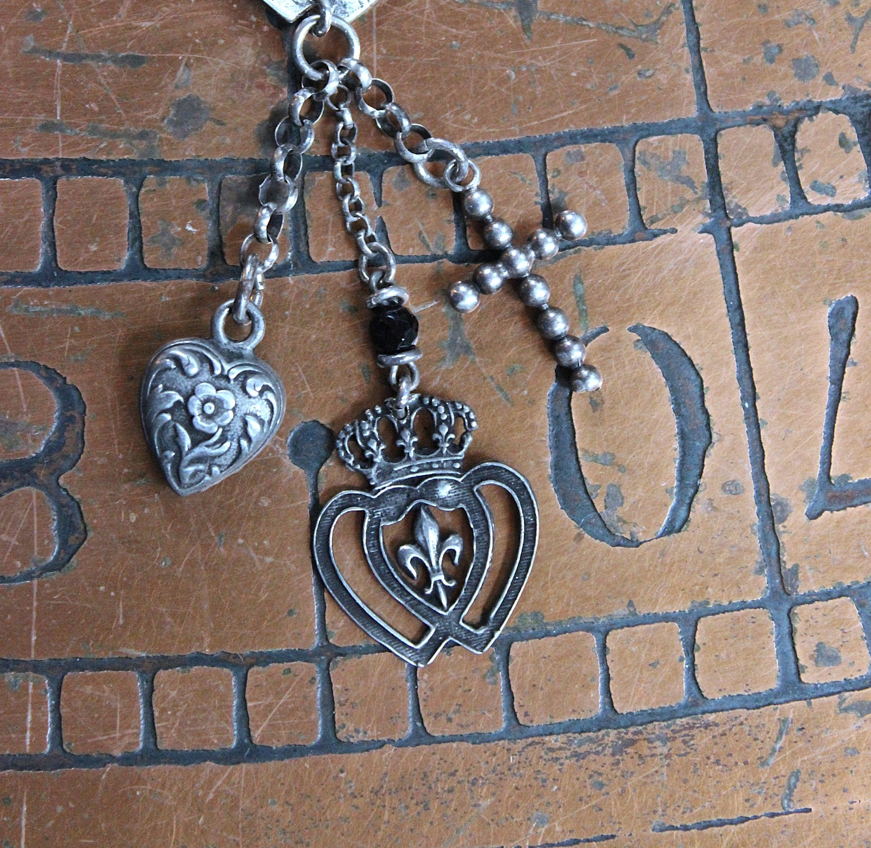 Intricately Detailed French Notre Dame Cross Bracelet with French Fleur de Lis Heart and Crown Medals, Antique Sterling Cross, Victorian Puffy Heart Drop