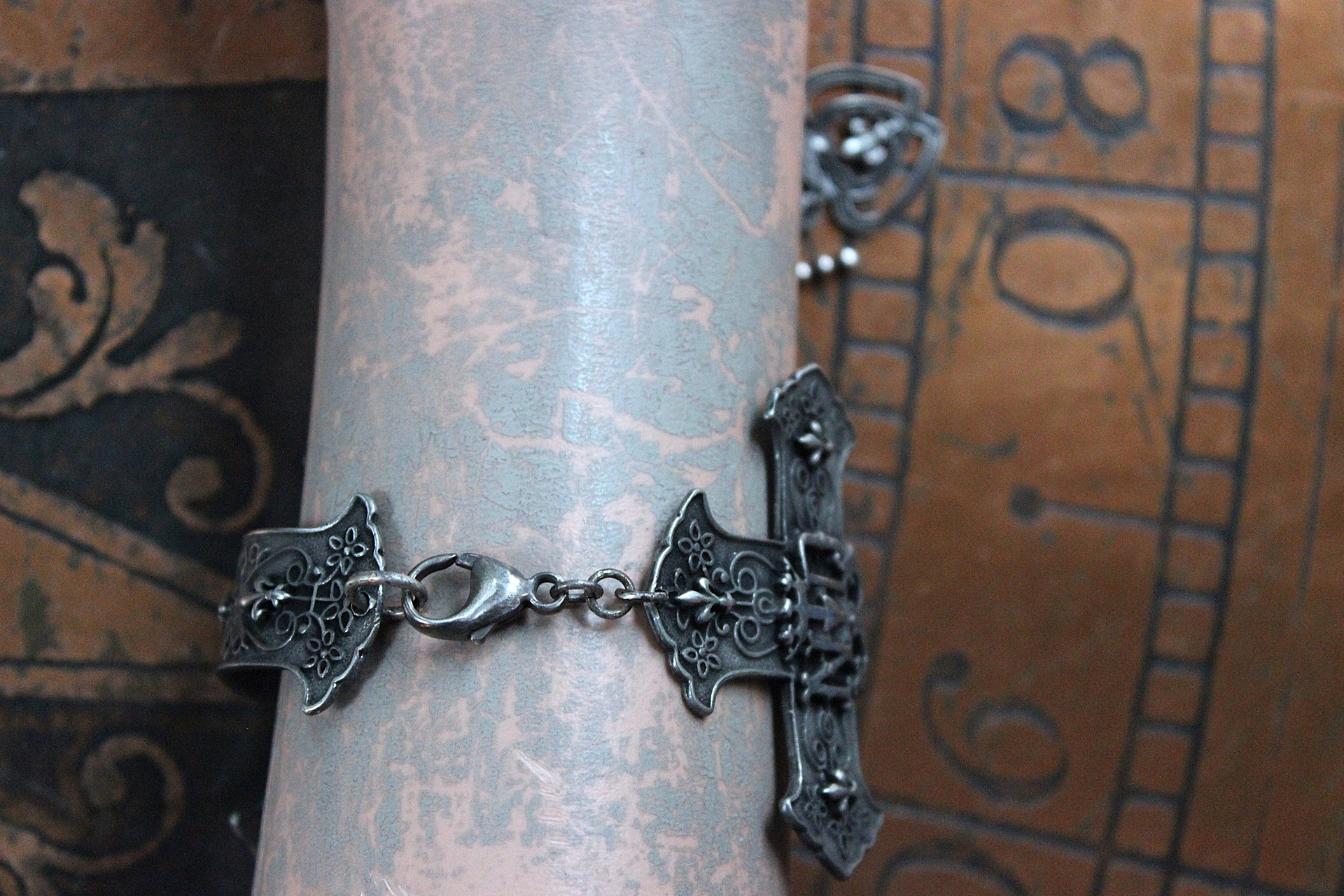 Intricately Detailed French Notre Dame Cross Bracelet with French Fleur de Lis Heart and Crown Medals, Antique Sterling Cross, Victorian Puffy Heart Drop