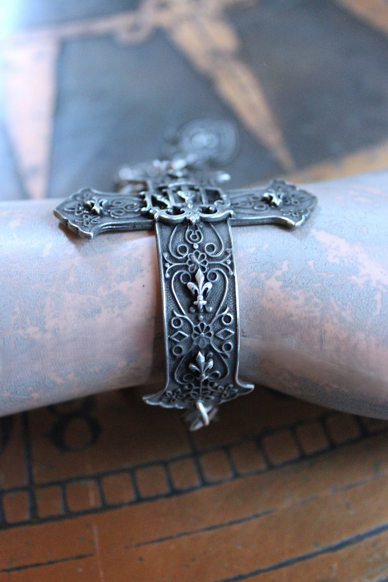 Intricately Detailed French Notre Dame Cross Bracelet with French Fleur de Lis Heart and Crown Medals, Antique Sterling Cross, Victorian Puffy Heart Drop