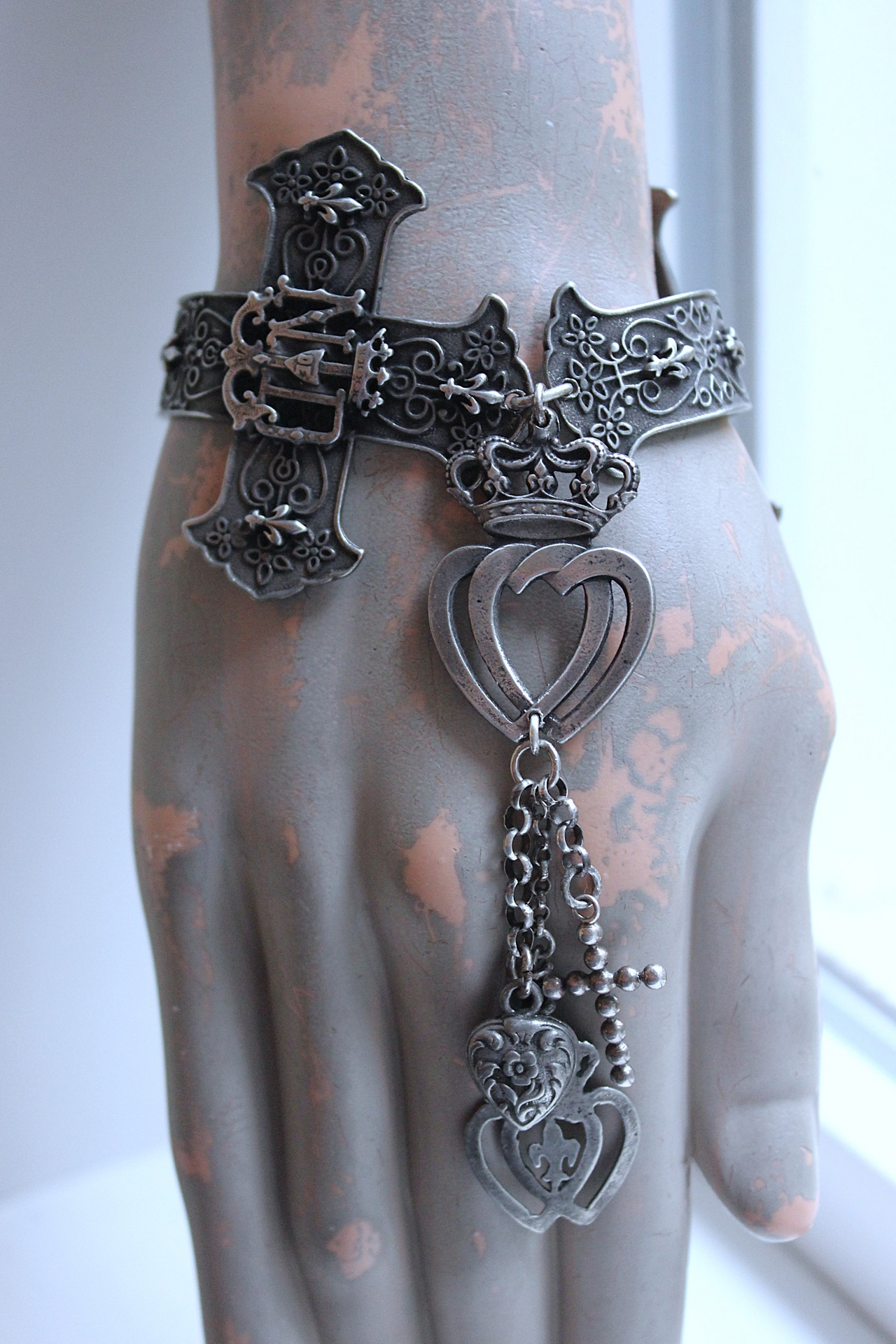 Intricately Detailed French Notre Dame Cross Bracelet with French Fleur de Lis Heart and Crown Medals, Antique Sterling Cross, Victorian Puffy Heart Drop