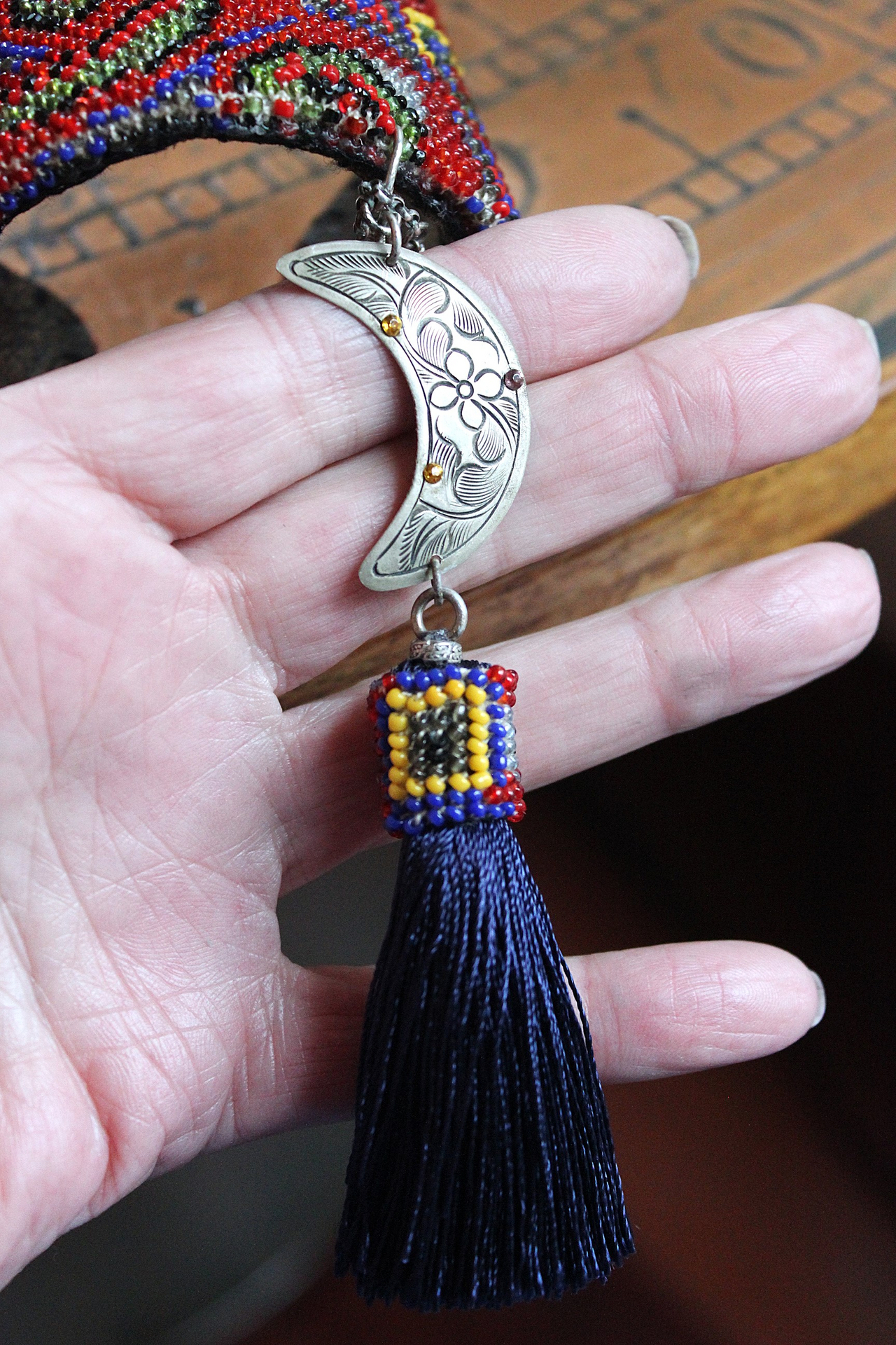 Time to Become Full Cuff Bracelet with Unique Antique Seed Bead Textile,Silver Crescent Moon, Unique Silk Tassel & Faceted Crystal Drops