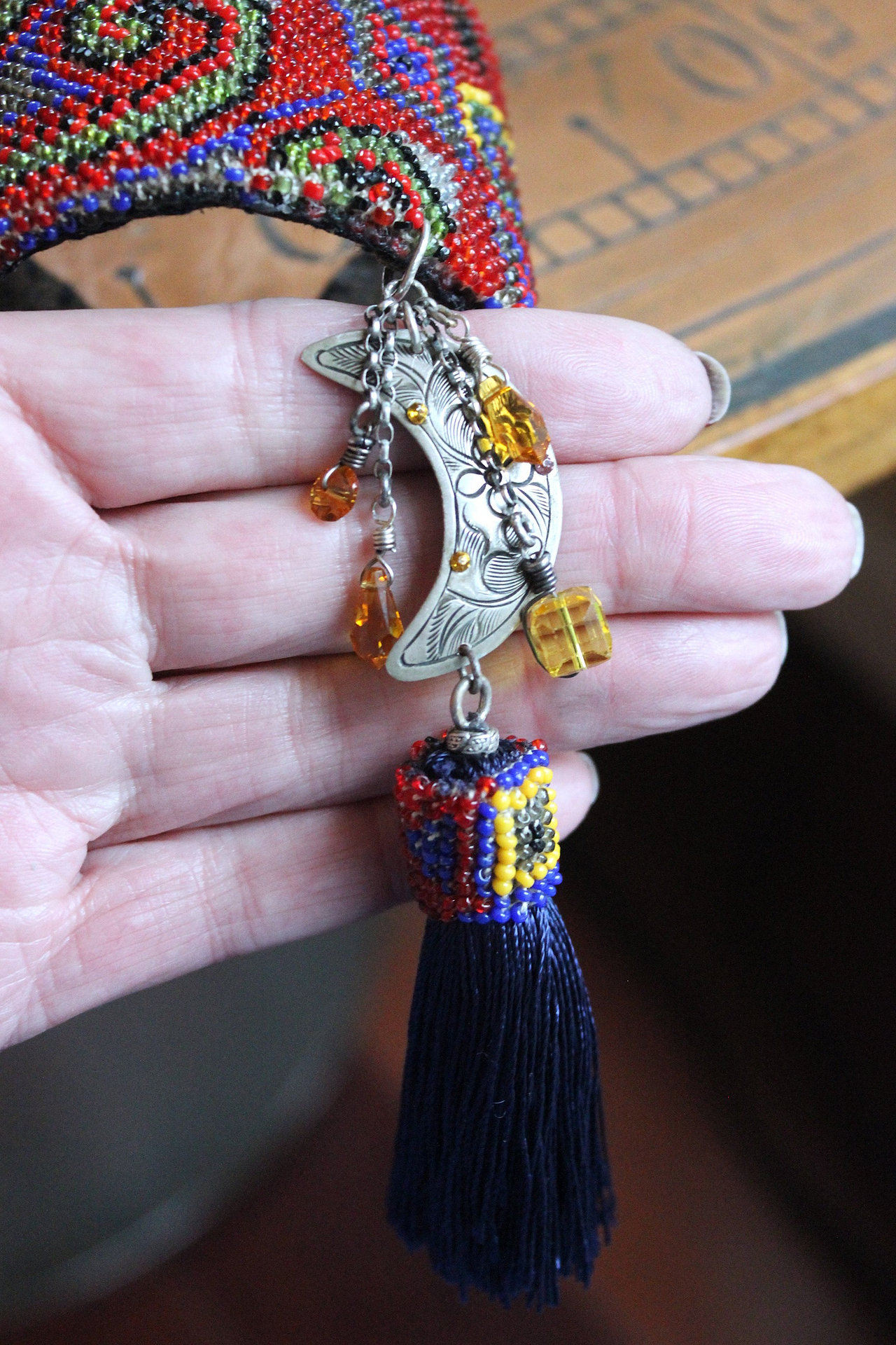 Time to Become Full Cuff Bracelet with Unique Antique Seed Bead Textile,Silver Crescent Moon, Unique Silk Tassel & Faceted Crystal Drops