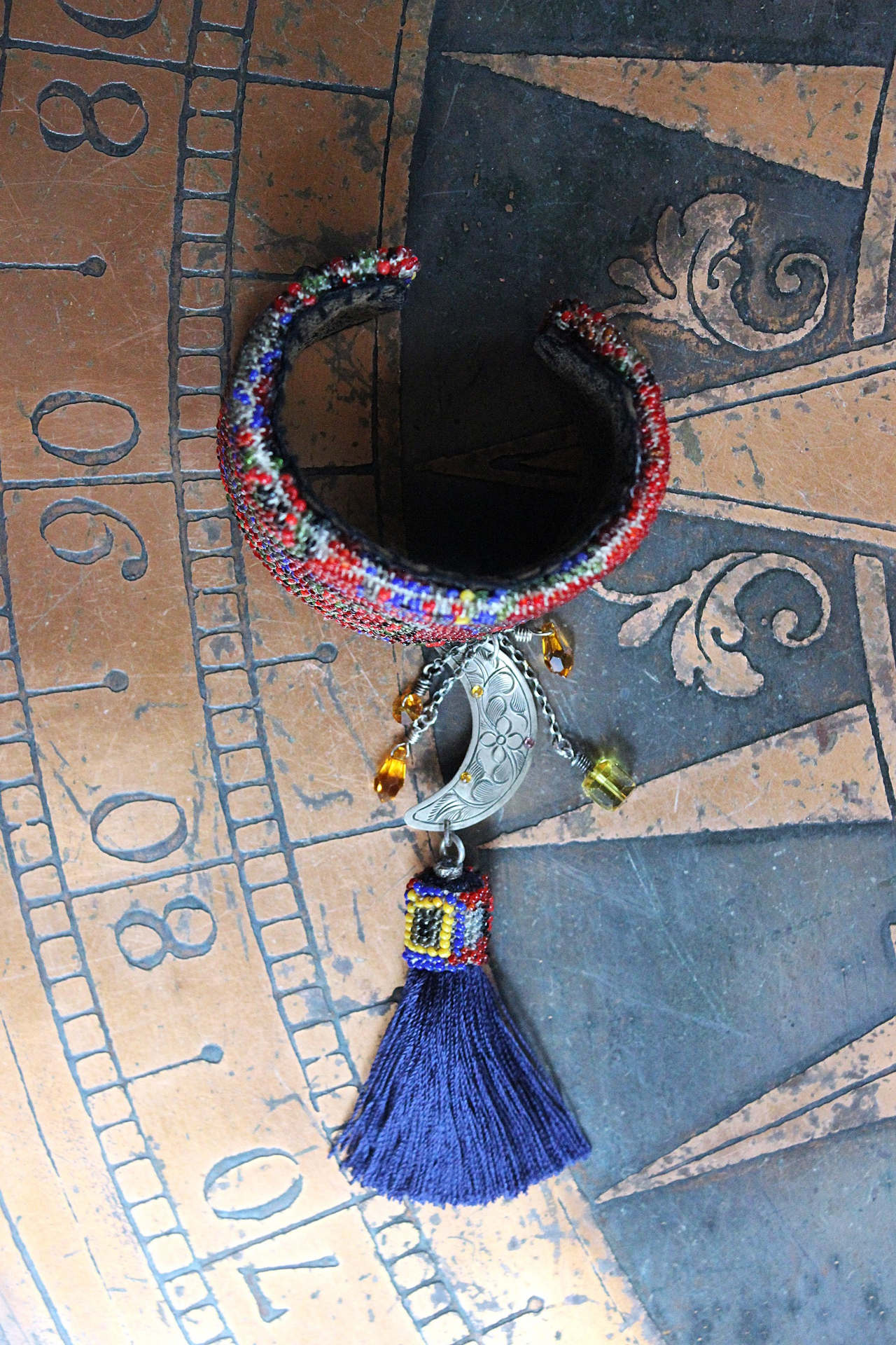 Time to Become Full Cuff Bracelet with Unique Antique Seed Bead Textile,Silver Crescent Moon, Unique Silk Tassel & Faceted Crystal Drops