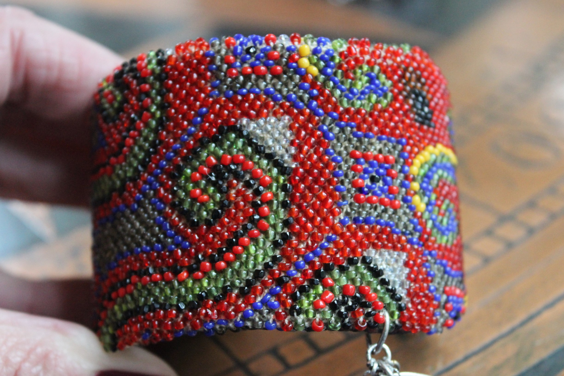 Time to Become Full Cuff Bracelet with Unique Antique Seed Bead Textile,Silver Crescent Moon, Unique Silk Tassel & Faceted Crystal Drops