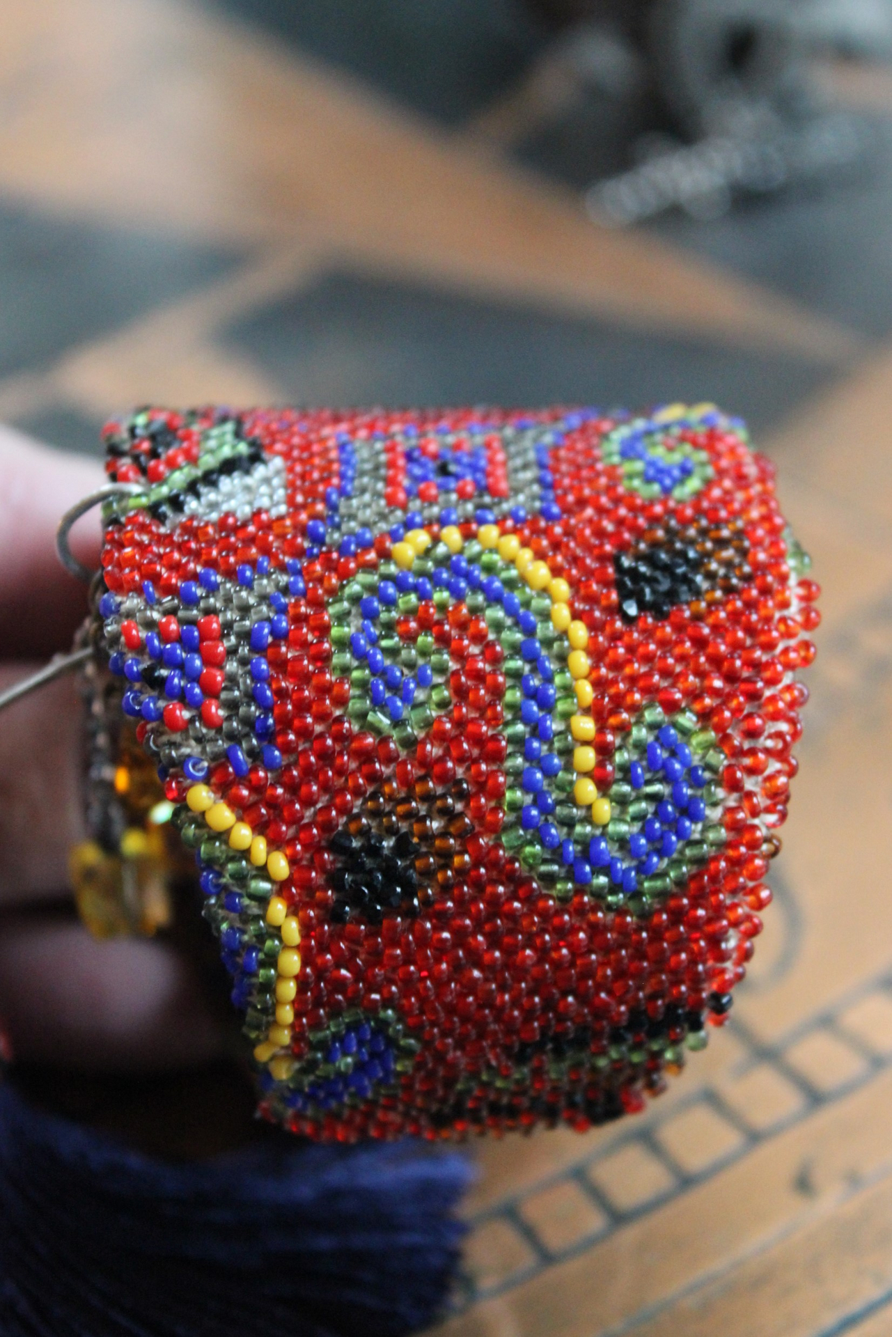 Time to Become Full Cuff Bracelet with Unique Antique Seed Bead Textile,Silver Crescent Moon, Unique Silk Tassel & Faceted Crystal Drops