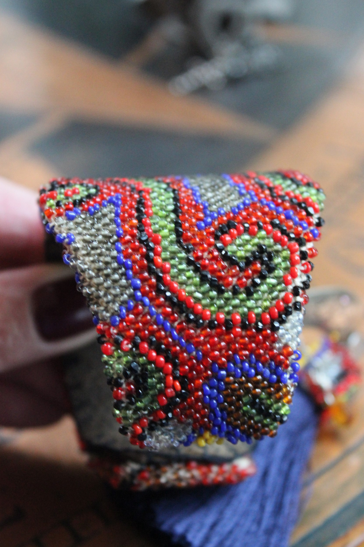 Time to Become Full Cuff Bracelet with Unique Antique Seed Bead Textile,Silver Crescent Moon, Unique Silk Tassel & Faceted Crystal Drops
