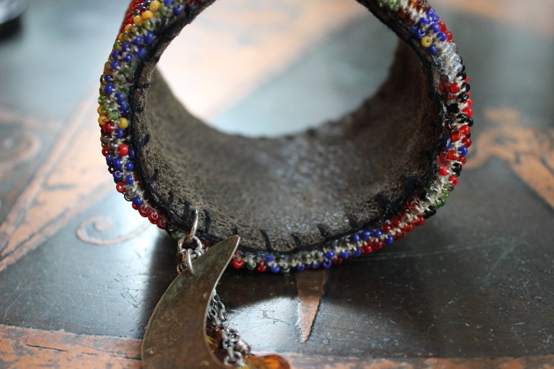 Time to Become Full Cuff Bracelet with Unique Antique Seed Bead Textile,Silver Crescent Moon, Unique Silk Tassel & Faceted Crystal Drops