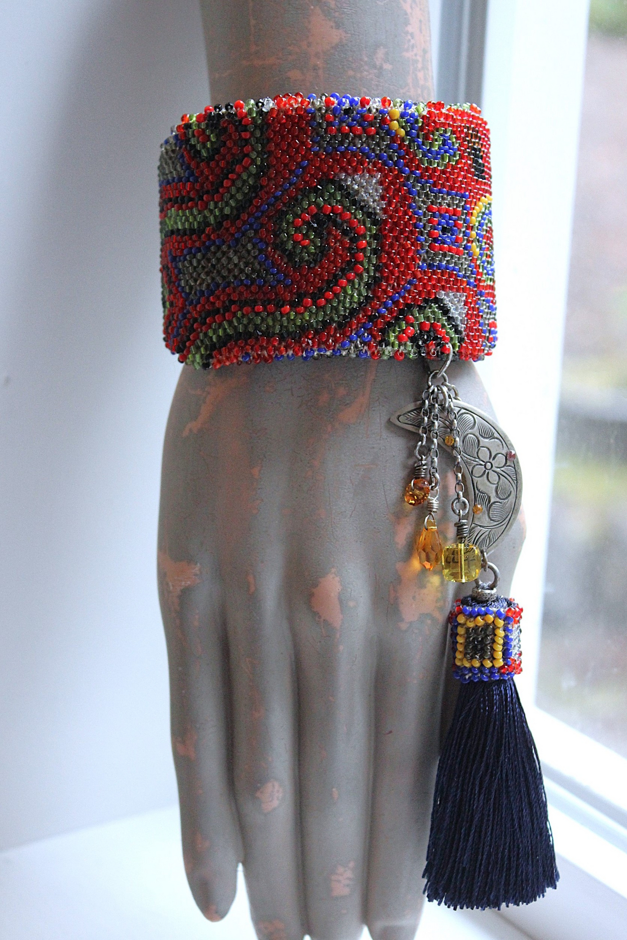 Time to Become Full Cuff Bracelet with Unique Antique Seed Bead Textile,Silver Crescent Moon, Unique Silk Tassel & Faceted Crystal Drops