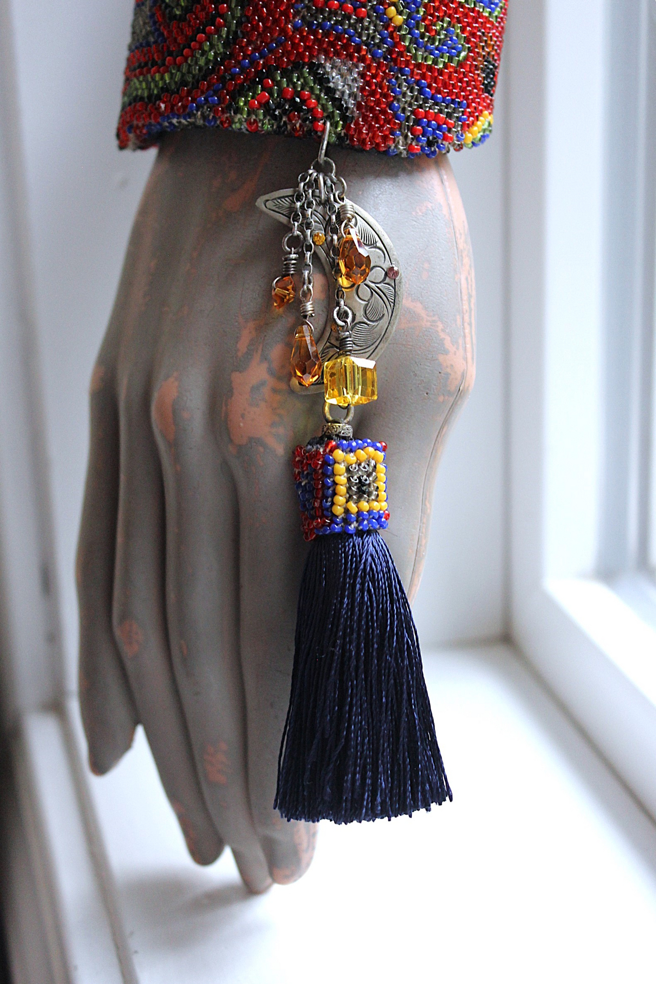 Time to Become Full Cuff Bracelet with Unique Antique Seed Bead Textile,Silver Crescent Moon, Unique Silk Tassel & Faceted Crystal Drops