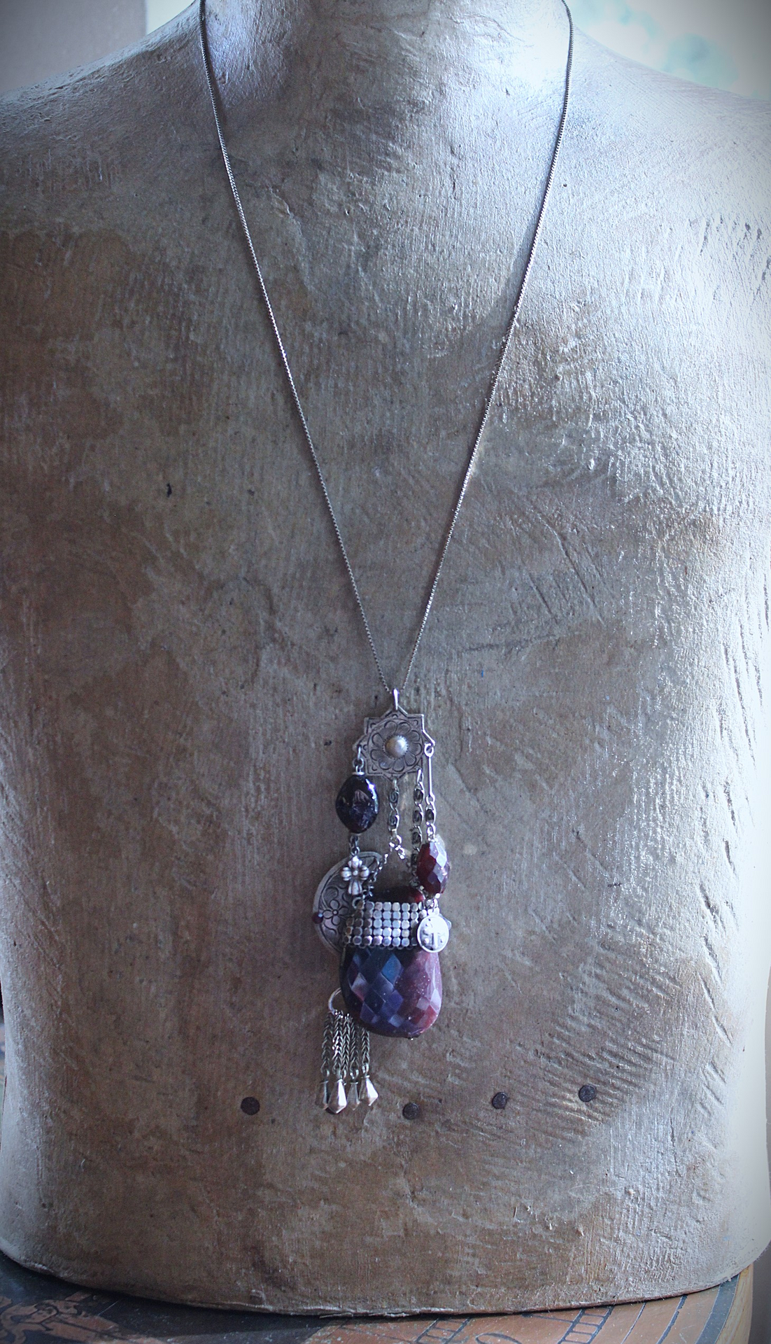 Dancing in my Blood Necklace with Amazing Large Faceted Rhodolite Garnet Pendant, Sterling Crosses, Silver Crescent Moon and More!