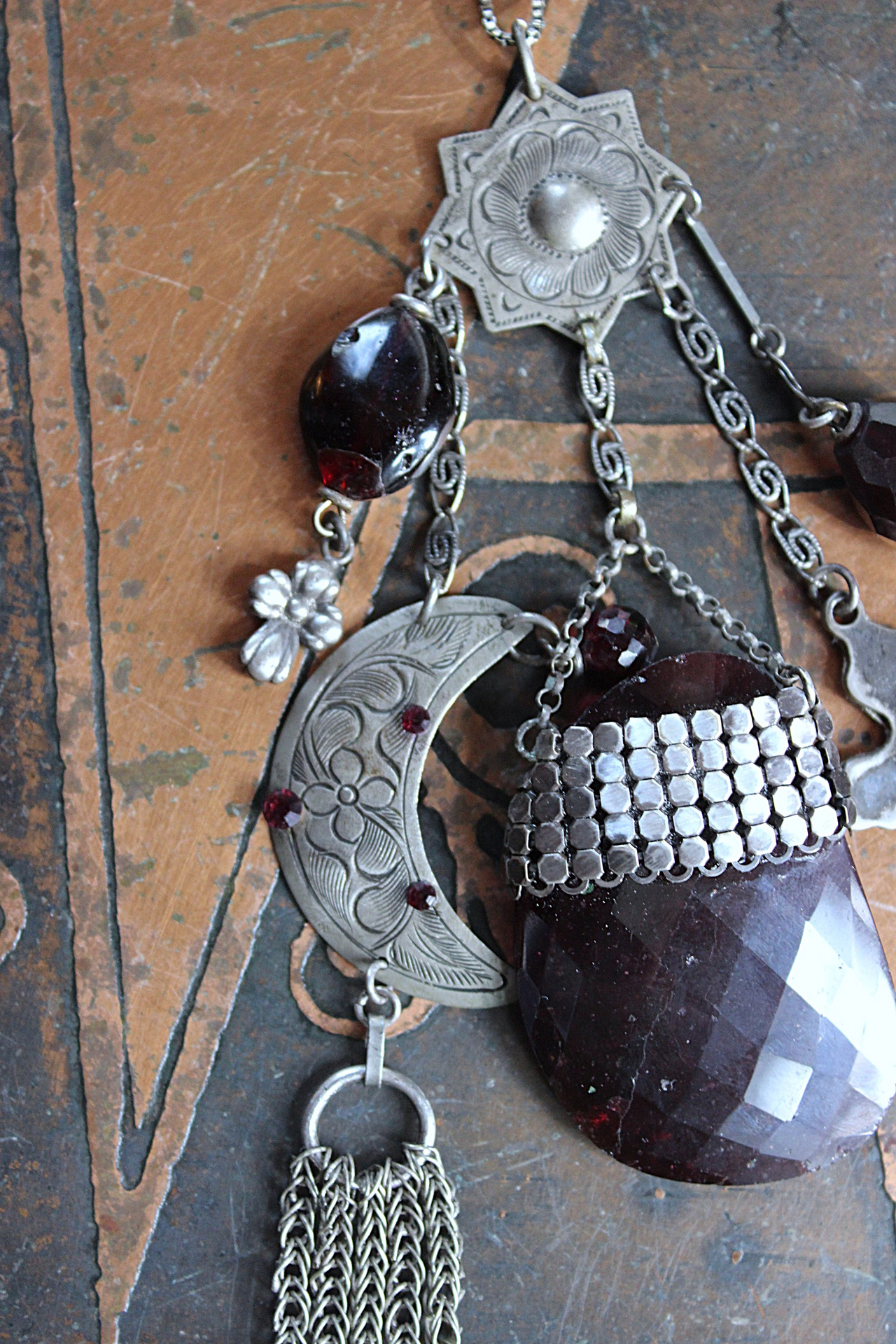 Dancing in my Blood Necklace with Amazing Large Faceted Rhodolite Garnet Pendant, Sterling Crosses, Silver Crescent Moon and More!