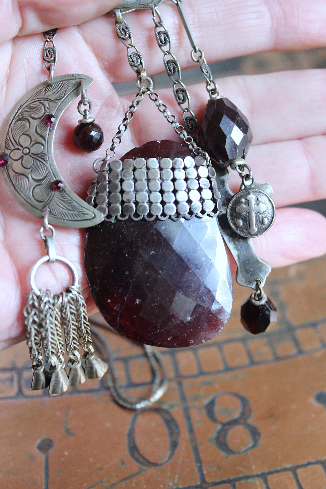 Dancing in my Blood Necklace with Amazing Large Faceted Rhodolite Garnet Pendant, Sterling Crosses, Silver Crescent Moon and More!