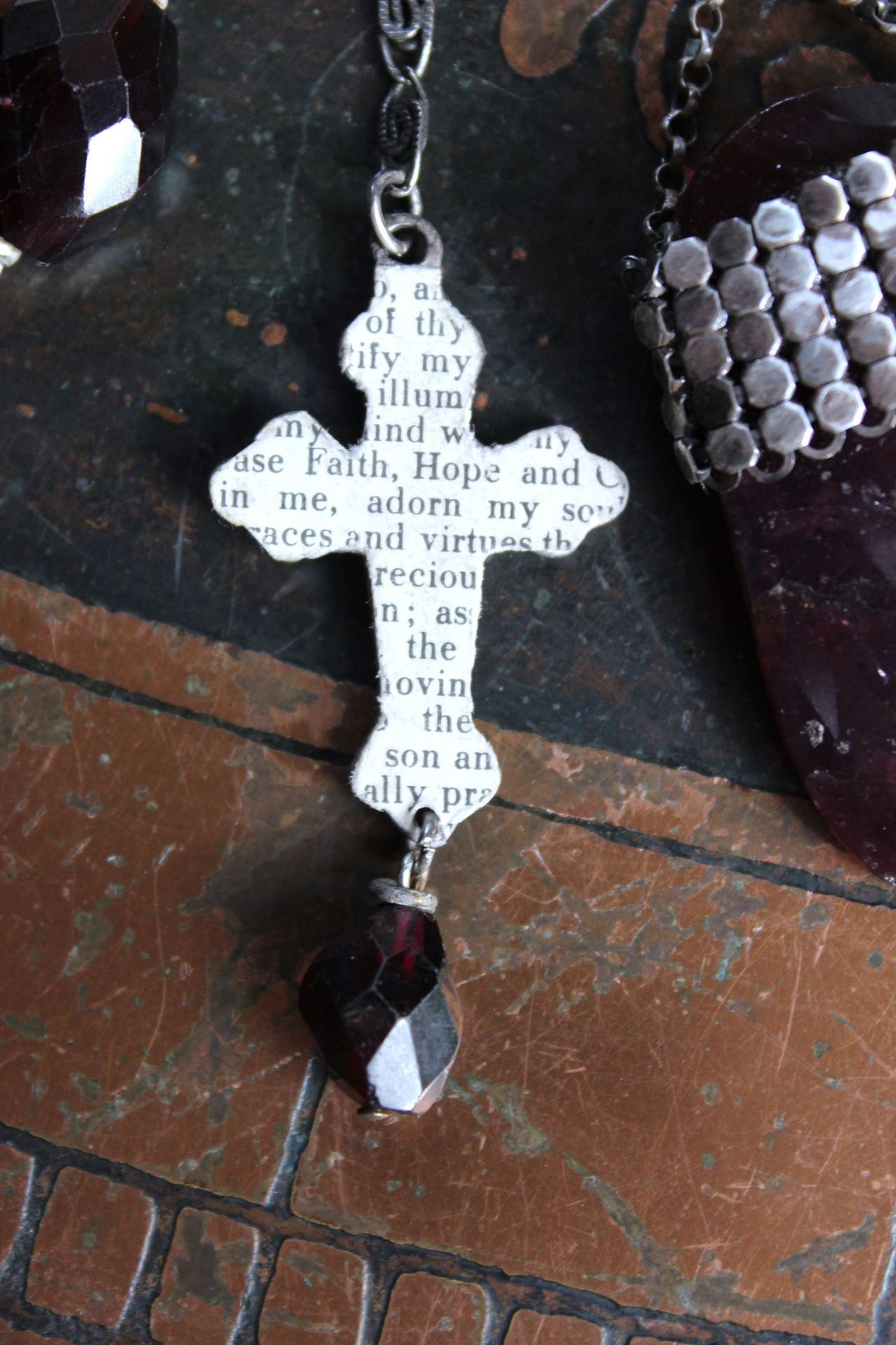 Dancing in my Blood Necklace with Amazing Large Faceted Rhodolite Garnet Pendant, Sterling Crosses, Silver Crescent Moon and More!