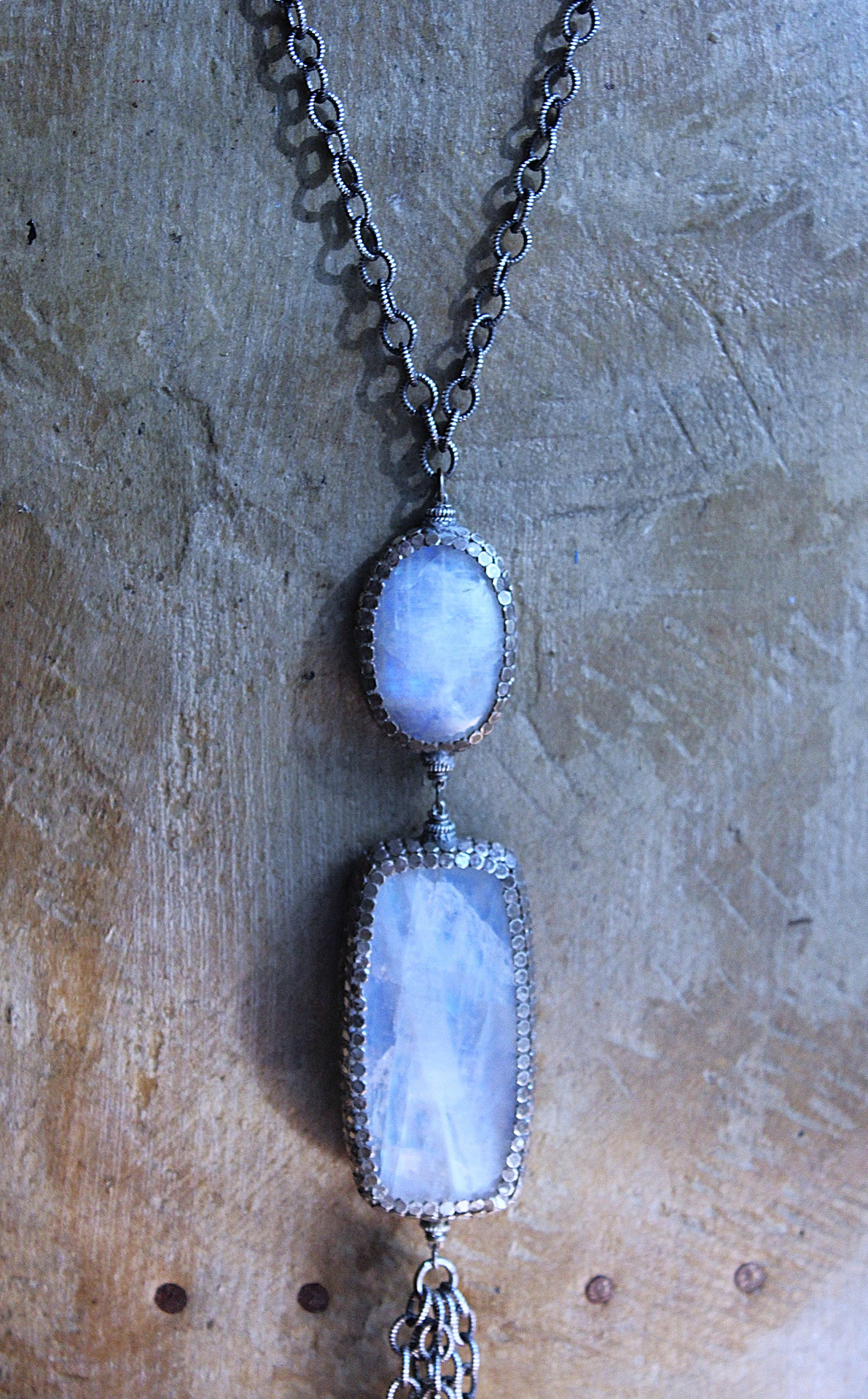 On Hold for J Phases of Life Necklace with Incredible Polished Moonstone Pendants, Sterling Chain & Tassel