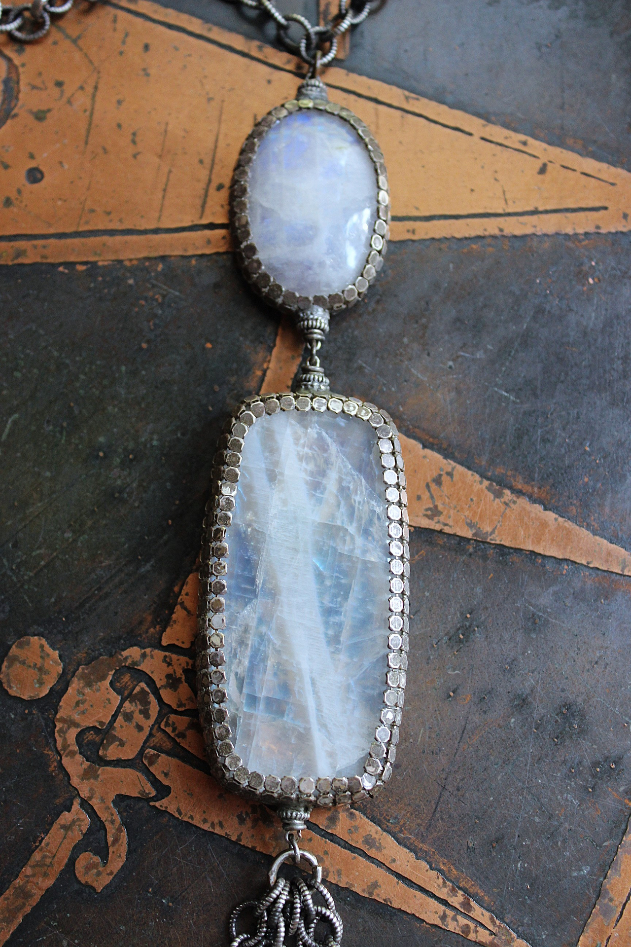 On Hold for J Phases of Life Necklace with Incredible Polished Moonstone Pendants, Sterling Chain & Tassel