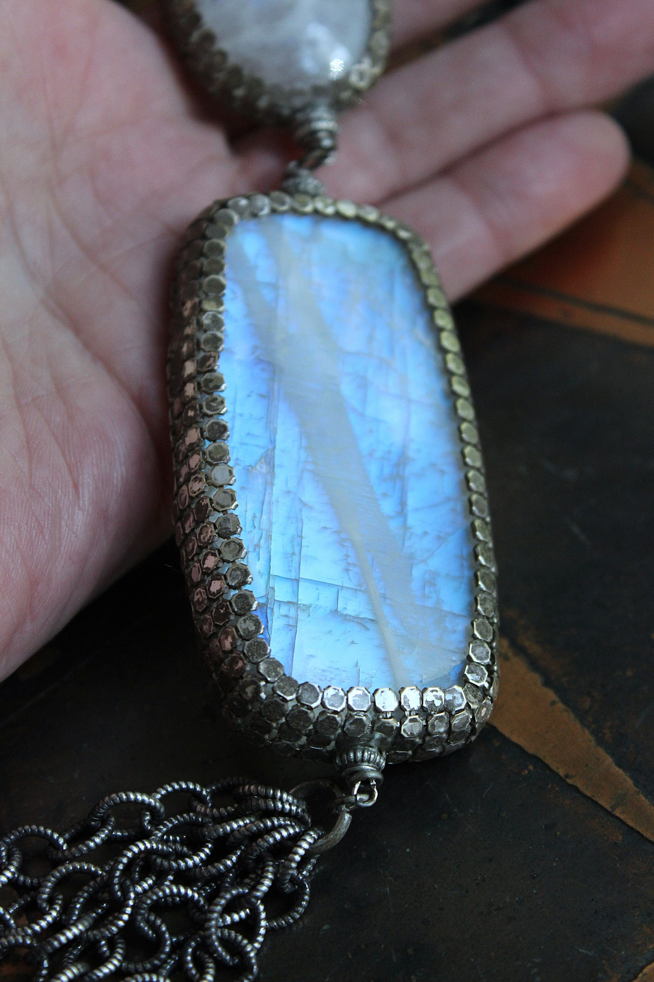 On Hold for J Phases of Life Necklace with Incredible Polished Moonstone Pendants, Sterling Chain & Tassel