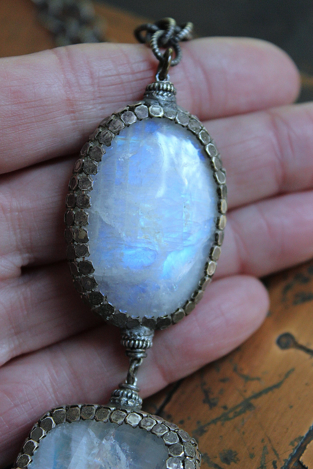 On Hold for J Phases of Life Necklace with Incredible Polished Moonstone Pendants, Sterling Chain & Tassel
