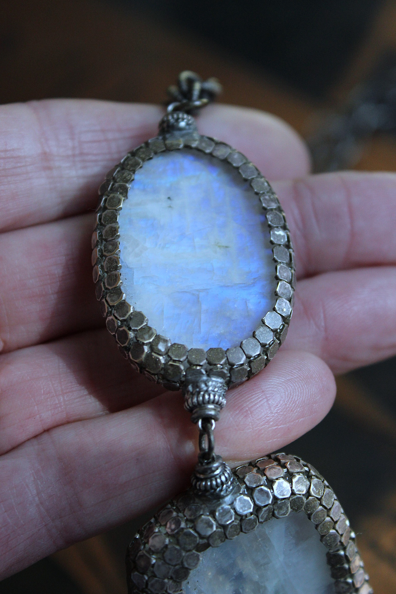 On Hold for J Phases of Life Necklace with Incredible Polished Moonstone Pendants, Sterling Chain & Tassel