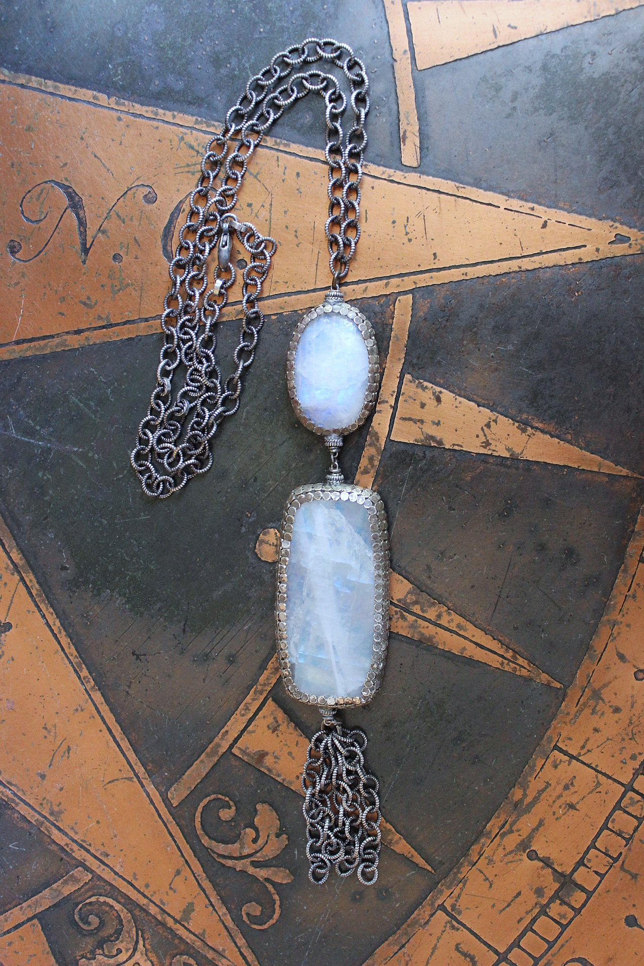 On Hold for J Phases of Life Necklace with Incredible Polished Moonstone Pendants, Sterling Chain & Tassel