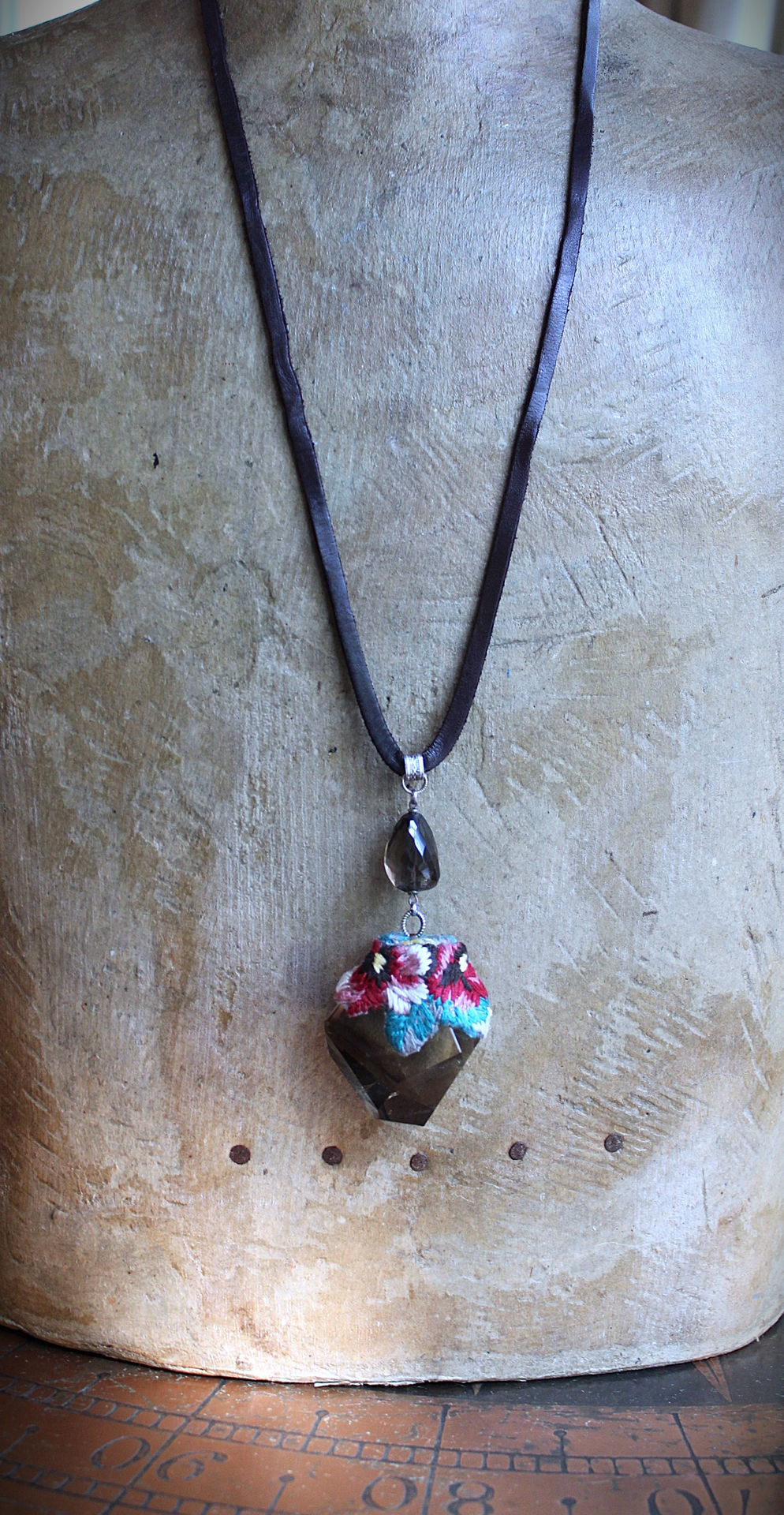 SOLD to J Where you Are Necklace with Uniquely Capped Freeform Smoky Quartz Pendant, Faceted Smoky Quartz Stone,Leather Ties