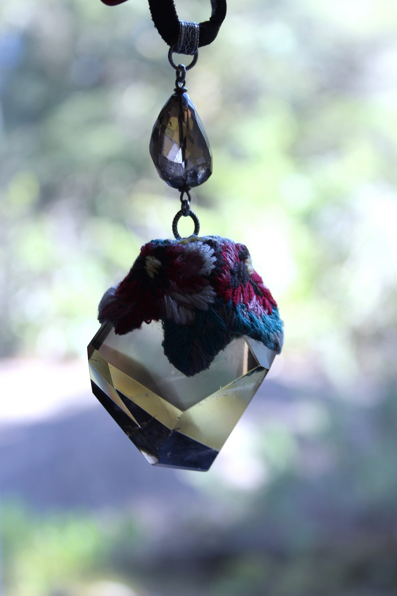 SOLD to J Where you Are Necklace with Uniquely Capped Freeform Smoky Quartz Pendant, Faceted Smoky Quartz Stone,Leather Ties