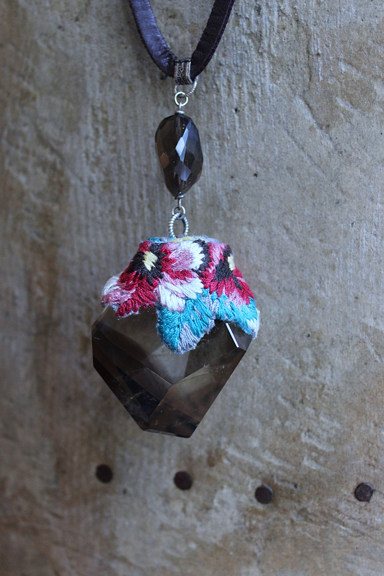 SOLD to J Where you Are Necklace with Uniquely Capped Freeform Smoky Quartz Pendant, Faceted Smoky Quartz Stone,Leather Ties