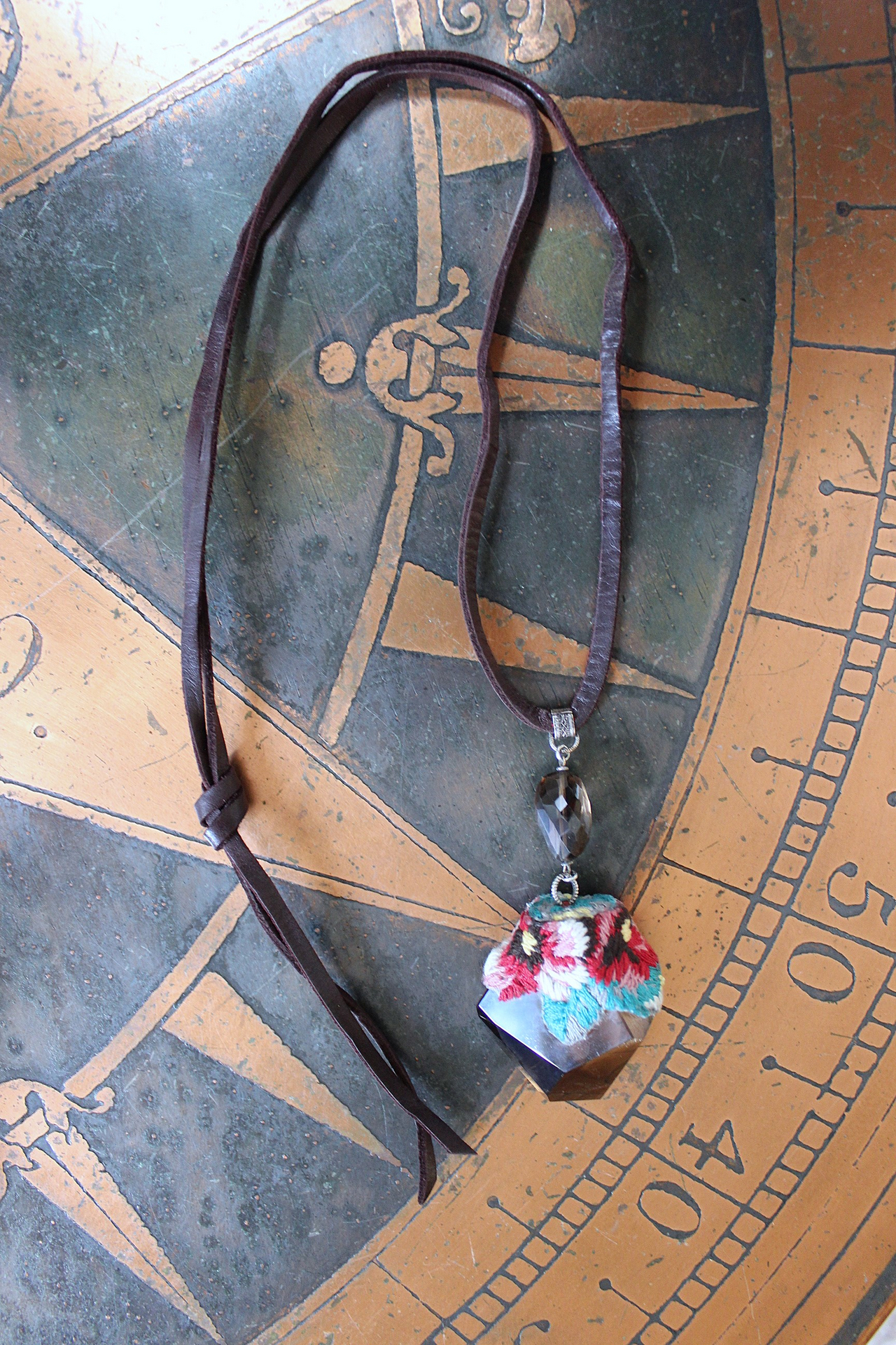 SOLD to J Where you Are Necklace with Uniquely Capped Freeform Smoky Quartz Pendant, Faceted Smoky Quartz Stone,Leather Ties
