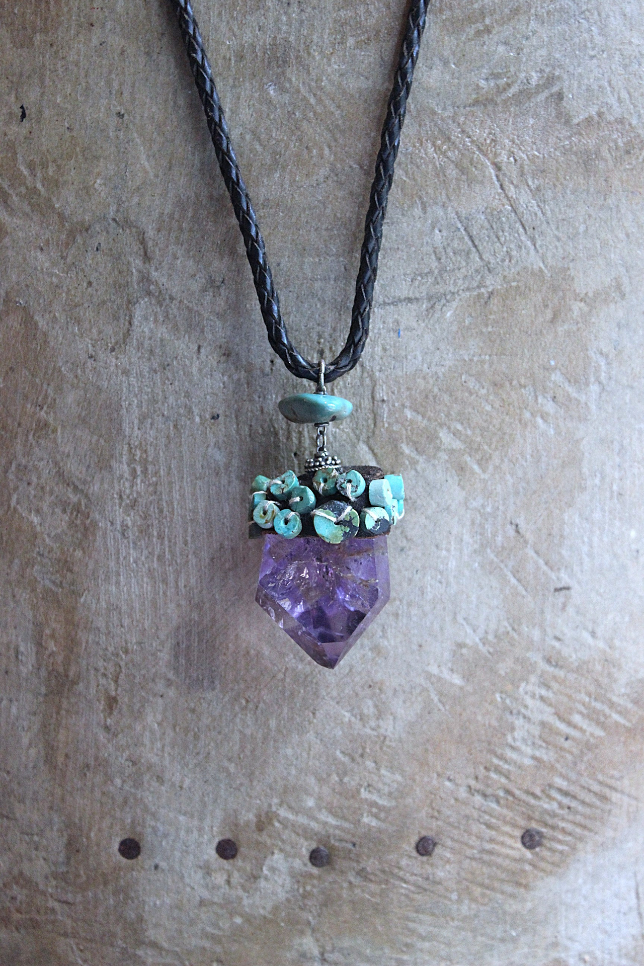 SOLD to J Inner Peace Necklace with Freeform Amethyst Point Pendant, Turquoise Heishi Beads, Distressed Braided Leather Chain