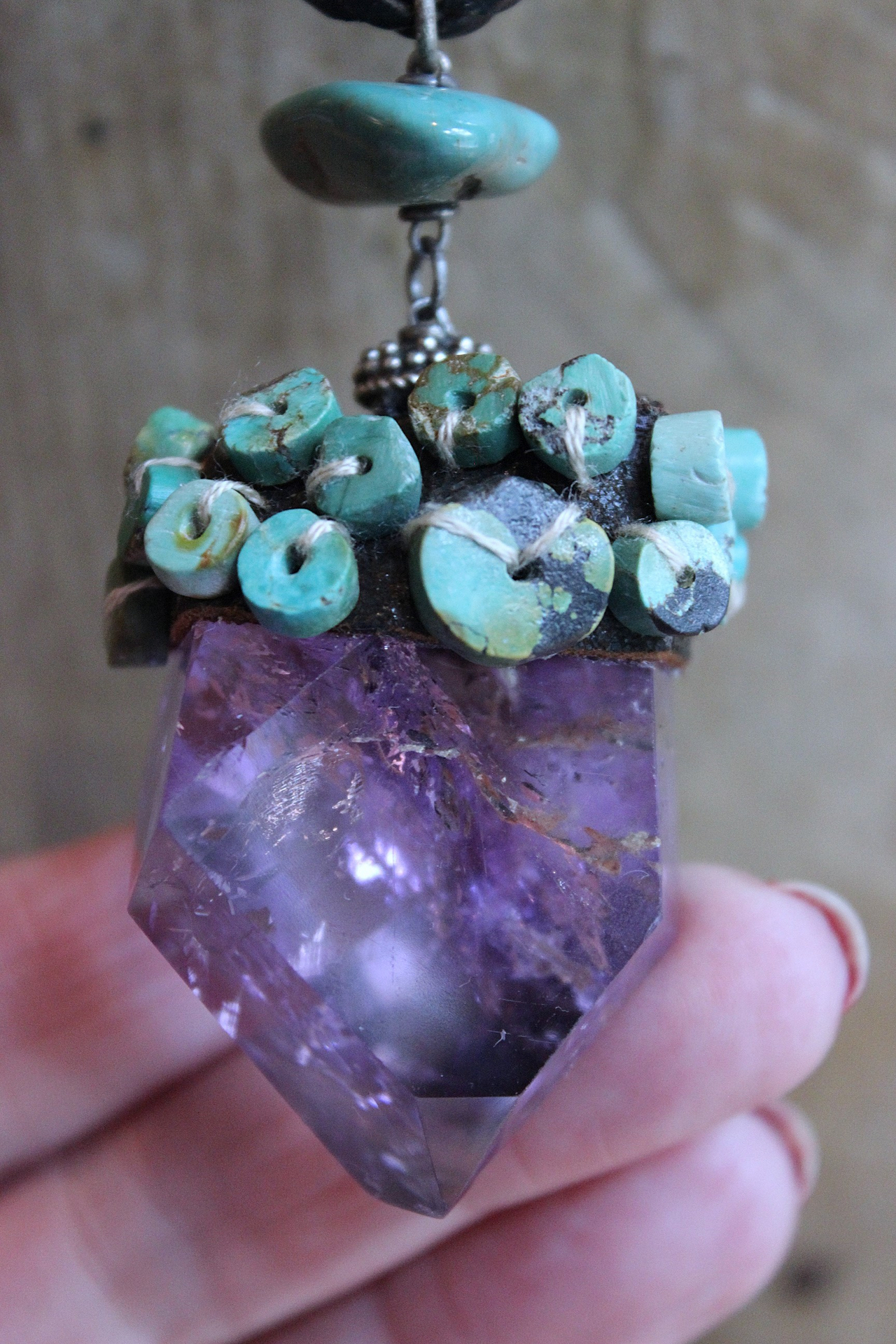 SOLD to J Inner Peace Necklace with Freeform Amethyst Point Pendant, Turquoise Heishi Beads, Distressed Braided Leather Chain