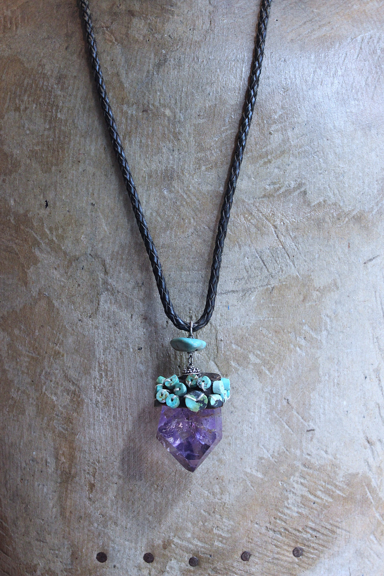 SOLD to J Inner Peace Necklace with Freeform Amethyst Point Pendant, Turquoise Heishi Beads, Distressed Braided Leather Chain