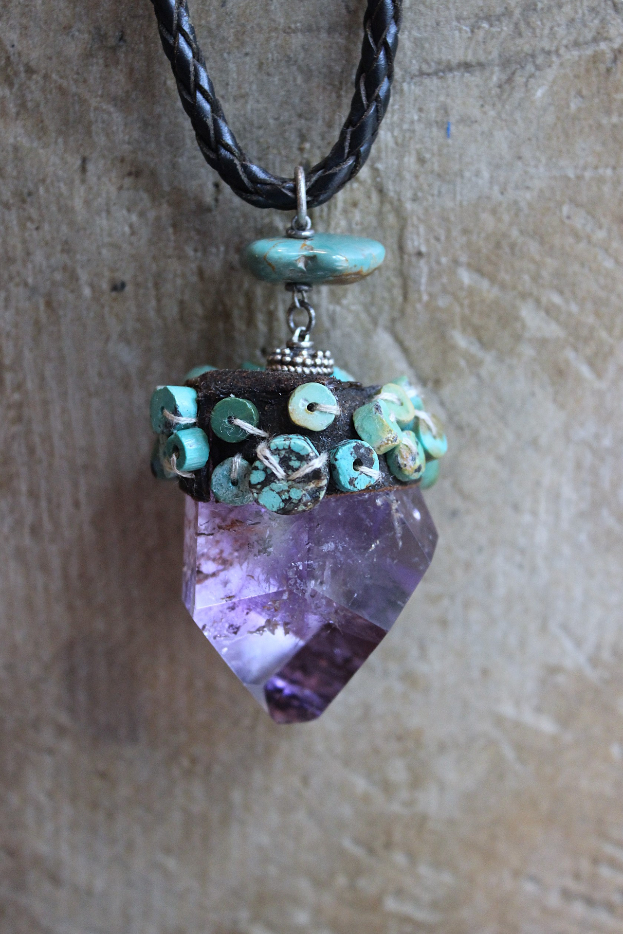 SOLD to J Inner Peace Necklace with Freeform Amethyst Point Pendant, Turquoise Heishi Beads, Distressed Braided Leather Chain