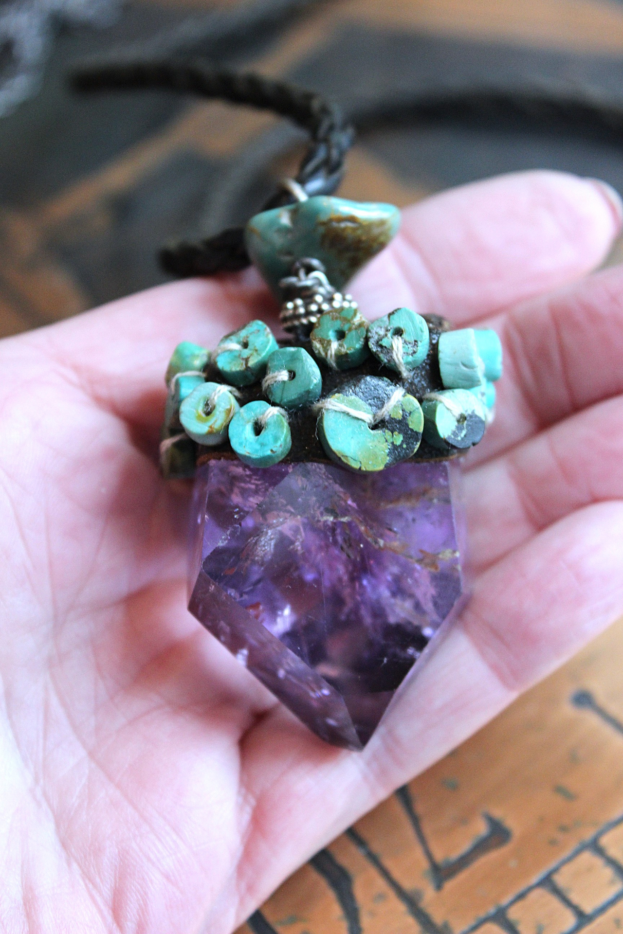SOLD to J Inner Peace Necklace with Freeform Amethyst Point Pendant, Turquoise Heishi Beads, Distressed Braided Leather Chain