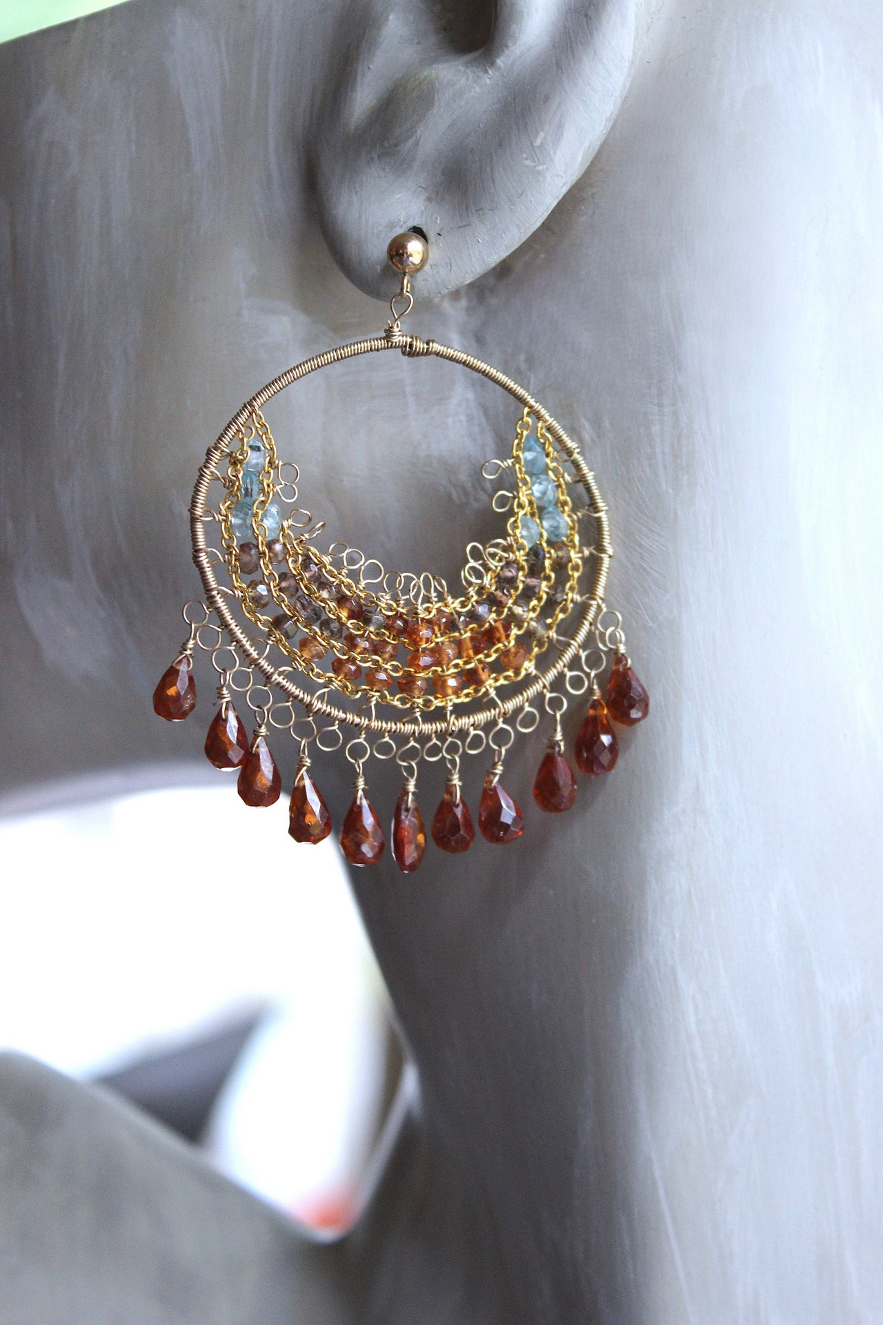 NEW! Intricate14K Gold Wire and Post Earrings with Rare Faceted Spessartine Garnet Tear Drops, Faceted Aquamarine and Smoky Topaz