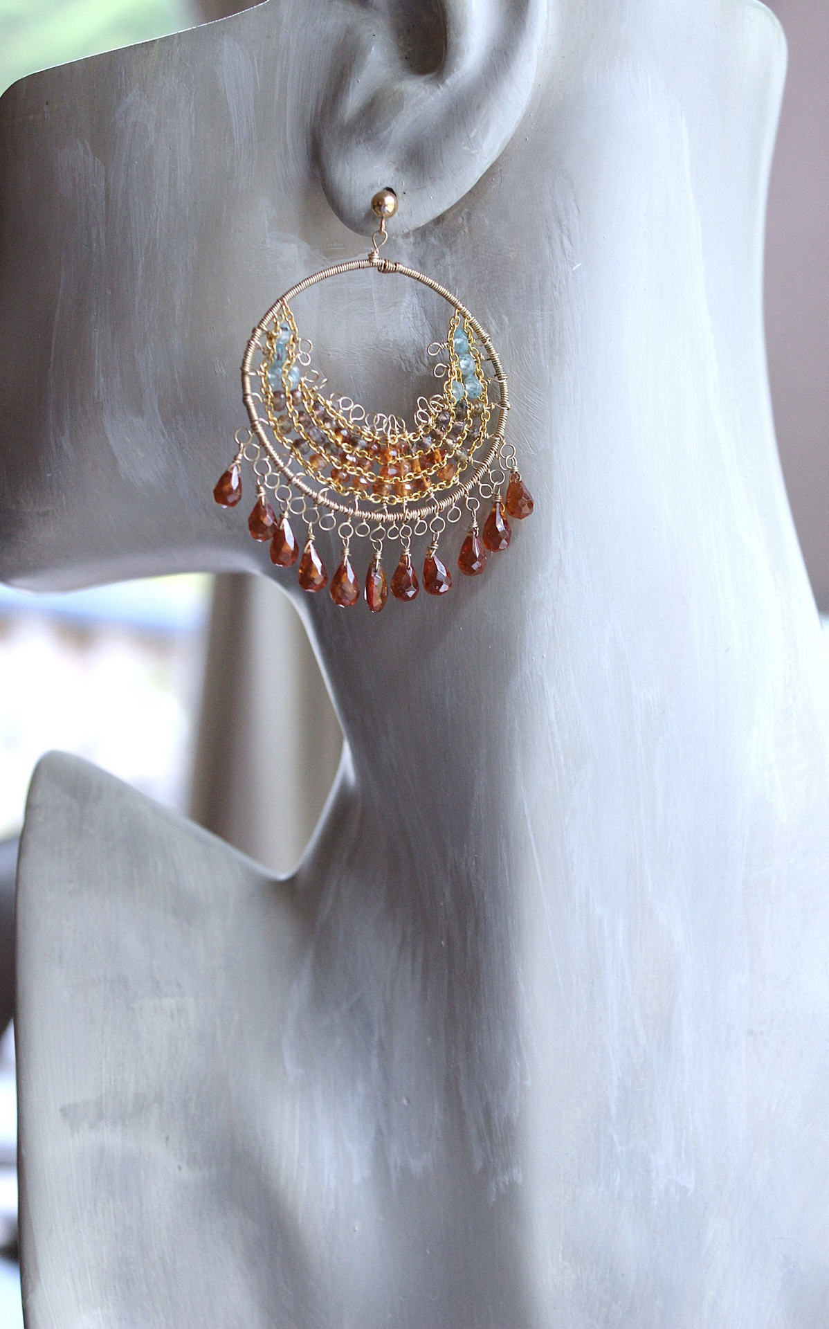 NEW! Intricate14K Gold Wire and Post Earrings with Rare Faceted Spessartine Garnet Tear Drops, Faceted Aquamarine and Smoky Topaz