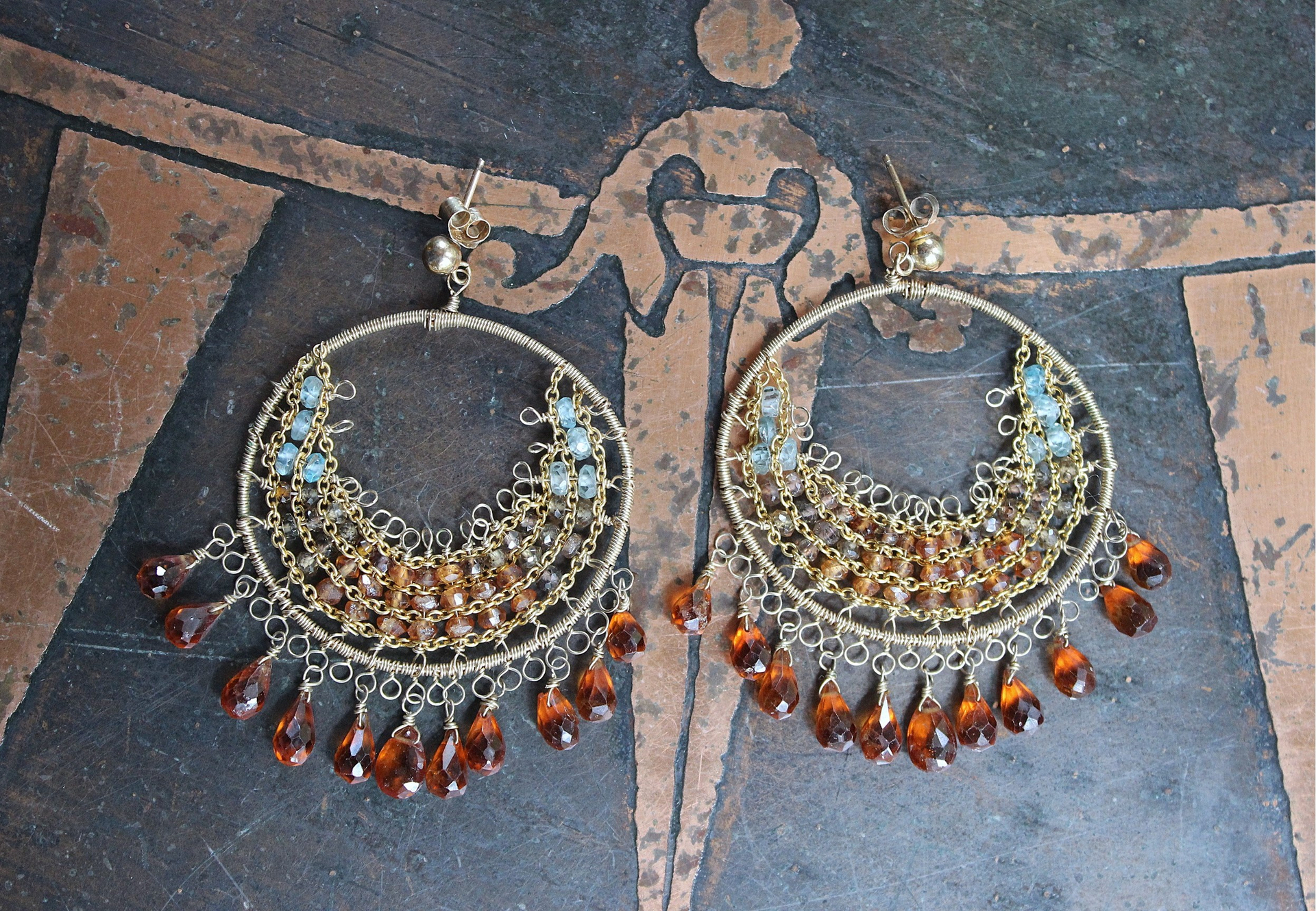 NEW! Intricate14K Gold Wire and Post Earrings with Rare Faceted Spessartine Garnet Tear Drops, Faceted Aquamarine and Smoky Topaz