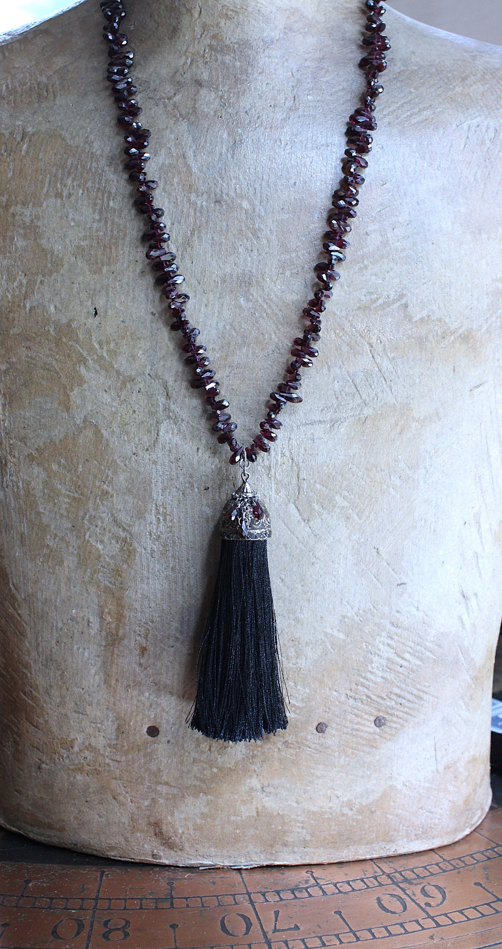 NEW! Courage and Hope Necklace with Hundreds of AAA Faceted Almandine Tear Drops, Unique Black Silk Tassel