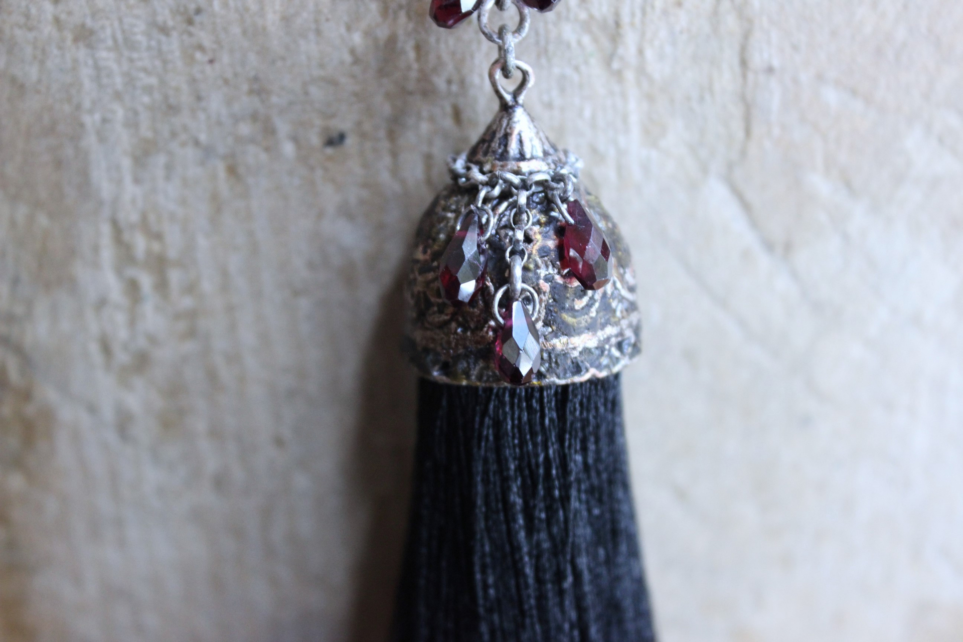 NEW! Courage and Hope Necklace with Hundreds of AAA Faceted Almandine Tear Drops, Unique Black Silk Tassel