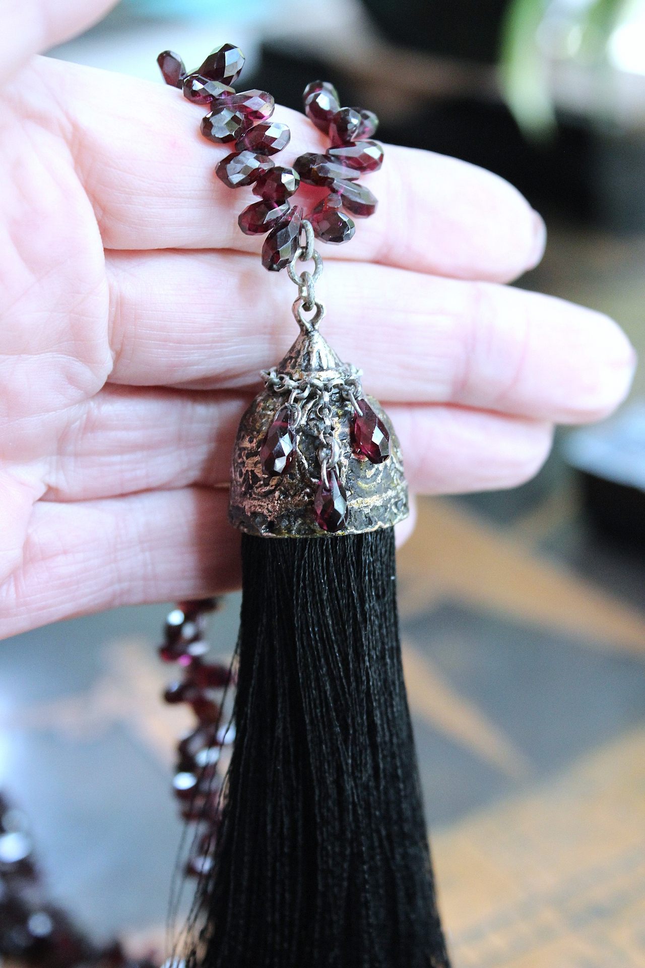 NEW! Courage and Hope Necklace with Hundreds of AAA Faceted Almandine Tear Drops, Unique Black Silk Tassel