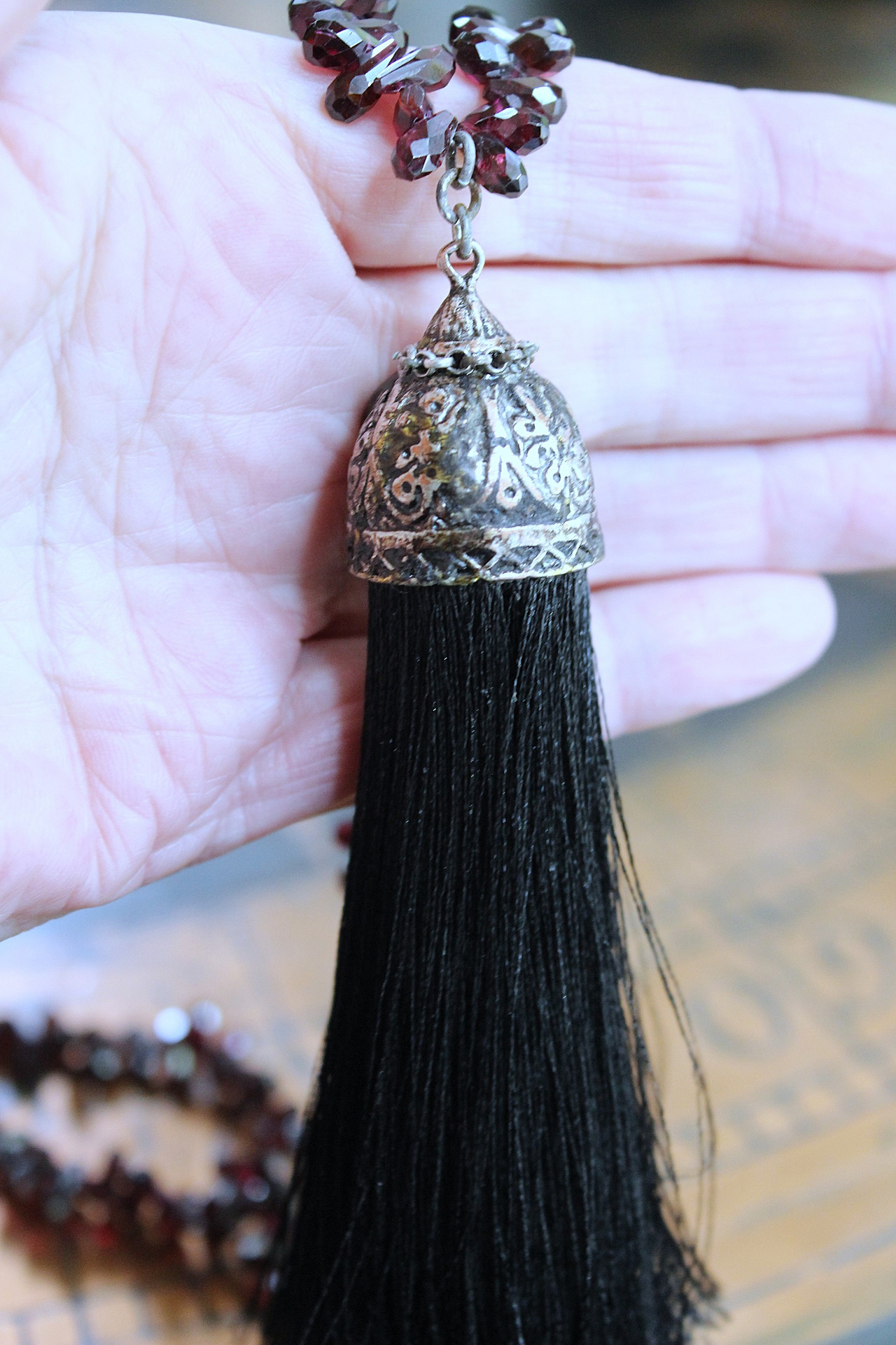 NEW! Courage and Hope Necklace with Hundreds of AAA Faceted Almandine Tear Drops, Unique Black Silk Tassel