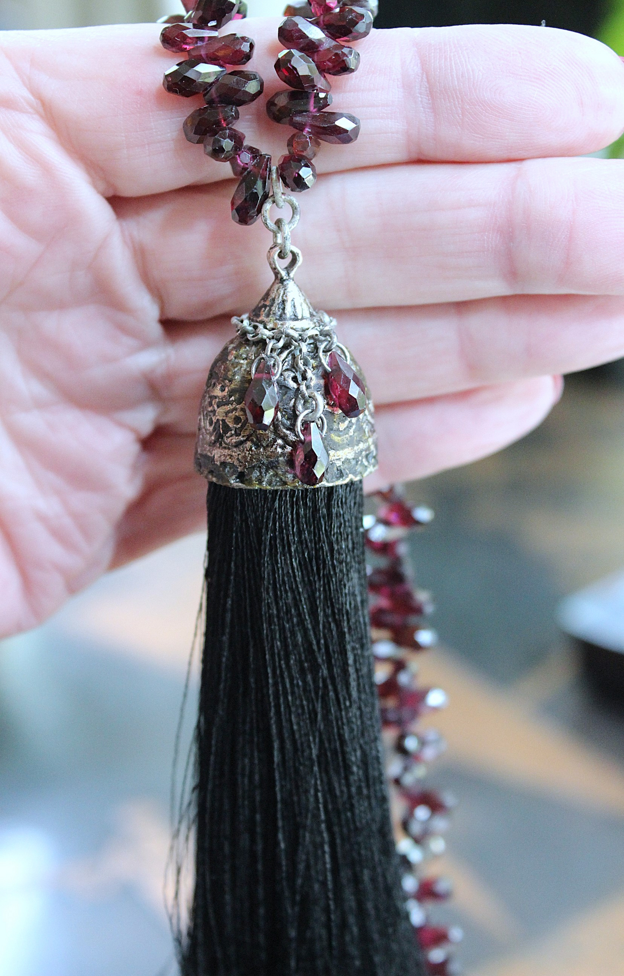 NEW! Courage and Hope Necklace with Hundreds of AAA Faceted Almandine Tear Drops, Unique Black Silk Tassel