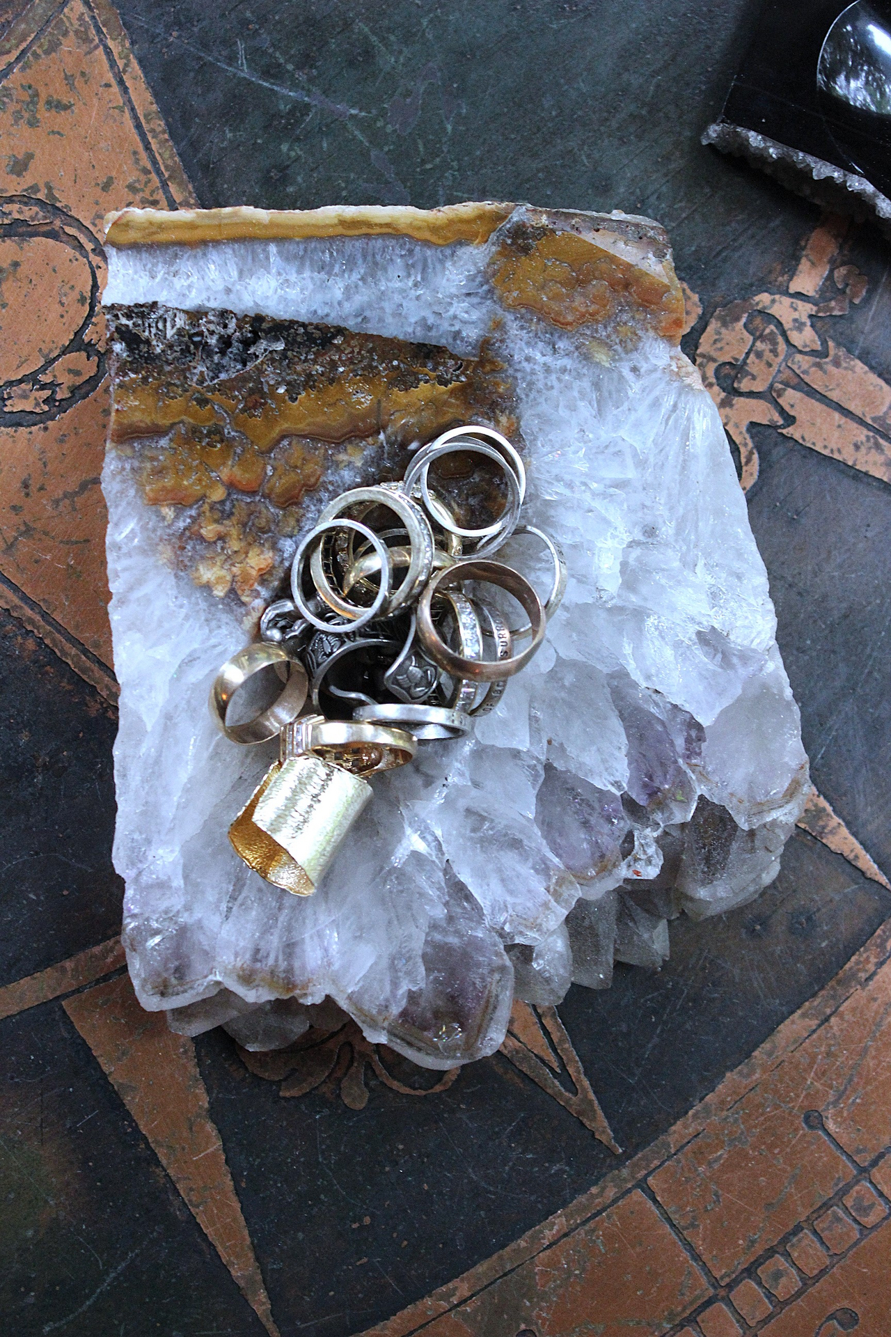 NEW!  Set of Unique Amethyst Slice and Black Agate with Druzy Trinket Dishes